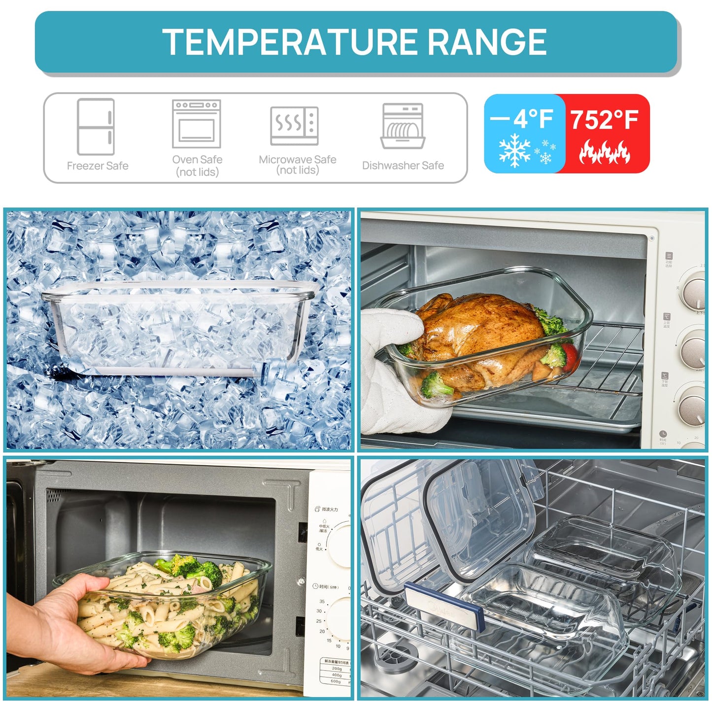 Vtopmart 2Pack 2260ml/ 76.4oz Large Glass Storage Containers with Lids, Meal Prep Food Container Set with Snap Airtight Lid for Baking, Microwave, Oven, Leak Proof, for Freezer, Dishwasher, Grey