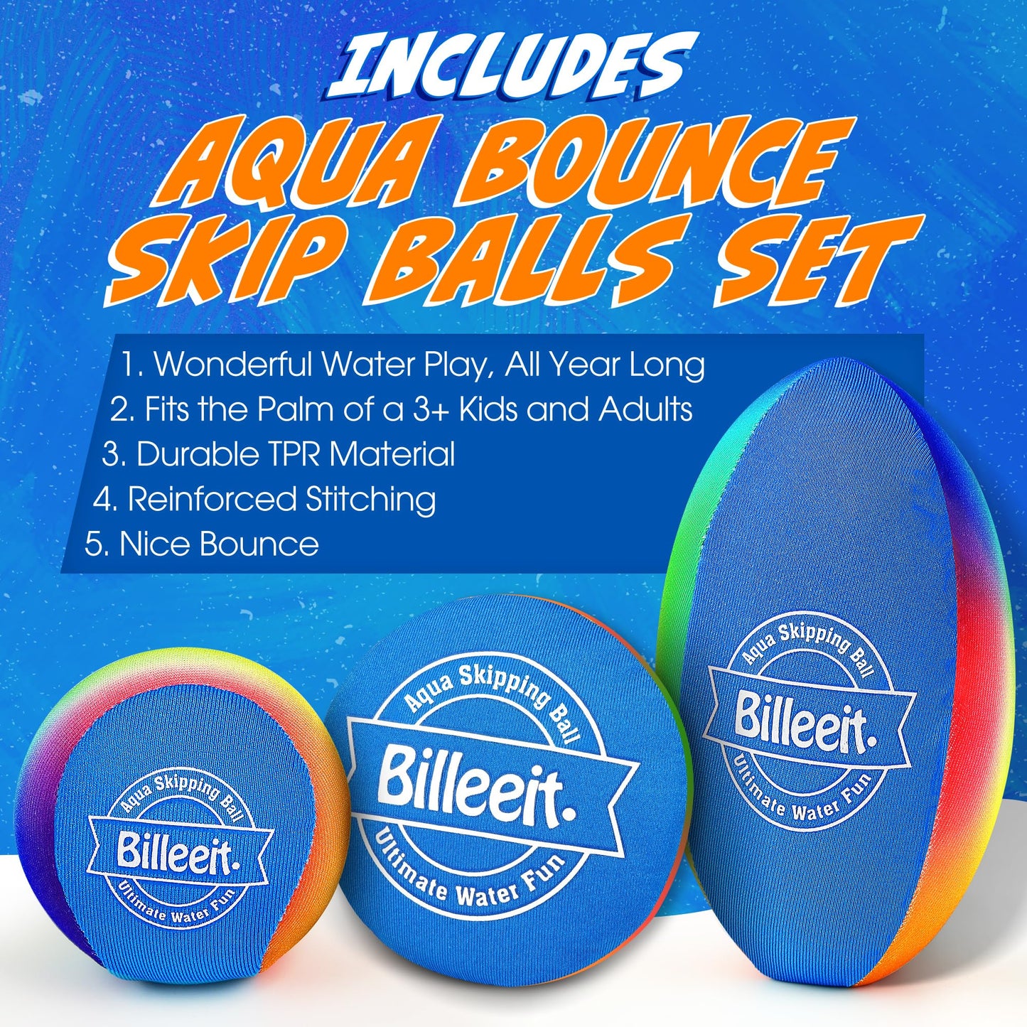 Billeeit 5PCS Water Skipping Balls Set for Pool, Beach & Lake Play, Floating TPR Bounce Balls and Water Discs with Mesh Bag for Kids 3+ and Adults