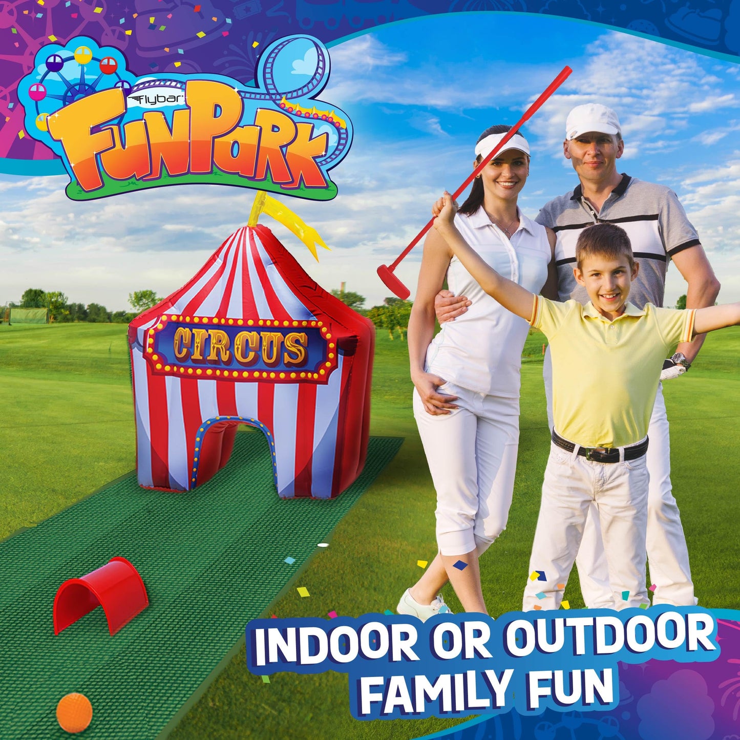 FunPark Inflatable Toddler Mini Golf Set, 13 Pieces, Adjustable Clubs, Green Mats, Putting Cups, Obstacles, Indoor/Outdoor Kids Golf Set for Boys and Girls