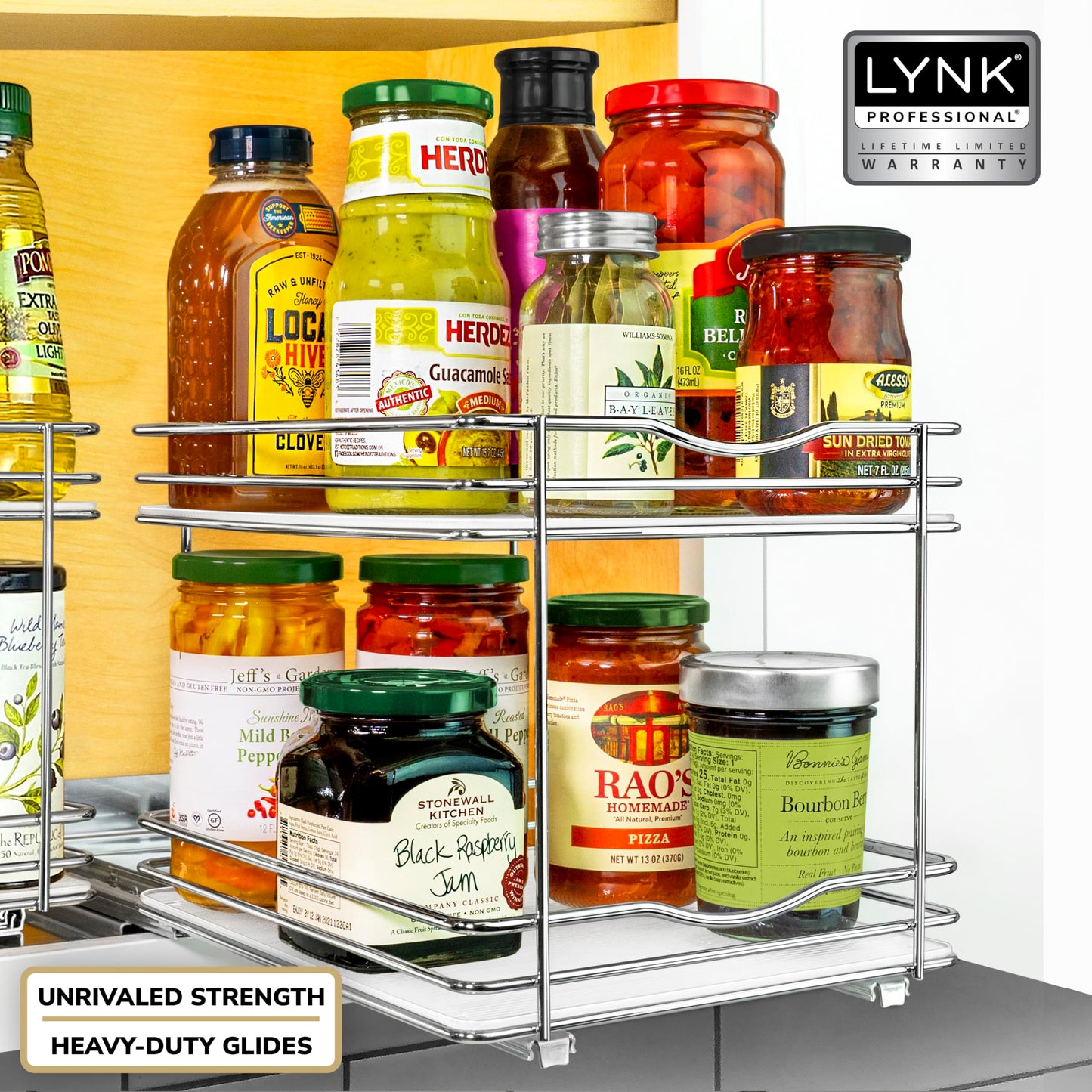 LYNK PROFESSIONAL® Pull Out Spice Rack Organizer for Inside Kitchen Cabinets - 8-1/4 inch Wide - Slide Out Drawer – Chrome Sliding Spice Cabinet Organization Shelf Racks - 2 Tier