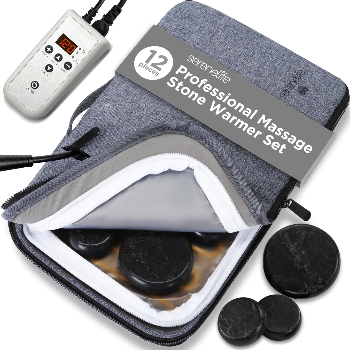 SereneLife Portable Basalt Stone Massage Set with Heating Bag - Hot Stones Massaging Black Basalt Kit, 12 Rocks Massage Stones and Warmer Set, Soothing Massage Accessories