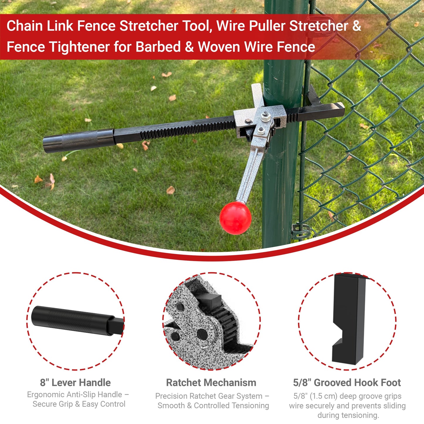 Magoleo Chain Link Fence Stretcher Tool, Heavy-Duty Fence Puller & Tensioner for Fence Fabric Installation or Repair Projects in Farm, Ranch & Garden, Easy One-Person Operation, 9″ Ratchet Range
