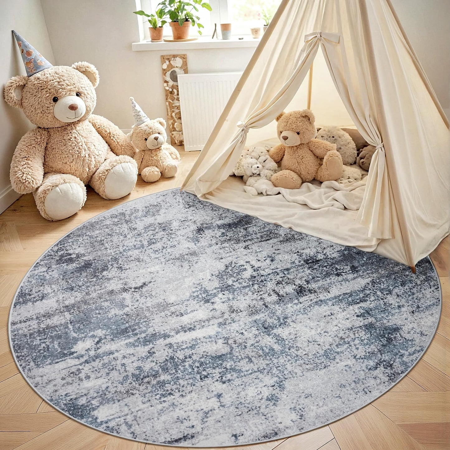 Round Rug 6ft Circle Rug Washable: Carpet Small Circular Area Rug for Entryway Kitchen Bedroom Dining Room Living Room 6 Feet Abstract College Dorm Non Slip Low Pile Blue Grey