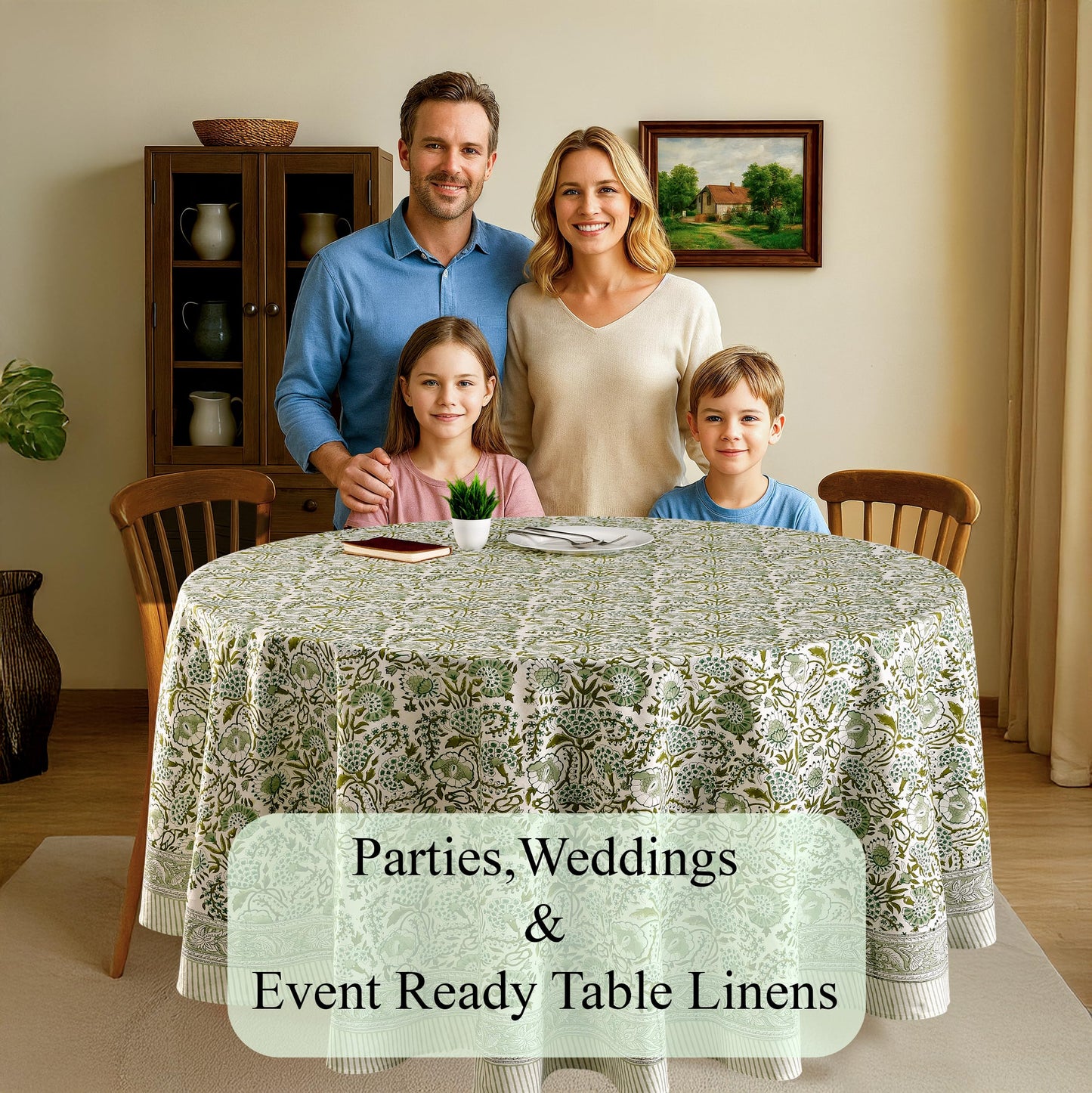 CPC Round Tablecloth- Cotton Indian Block Print Tablecloth -Handmade Printed Washable Cotton Table Cloth - Spring/Summer, Wedding Table Cover - Agate Green 90 Inch