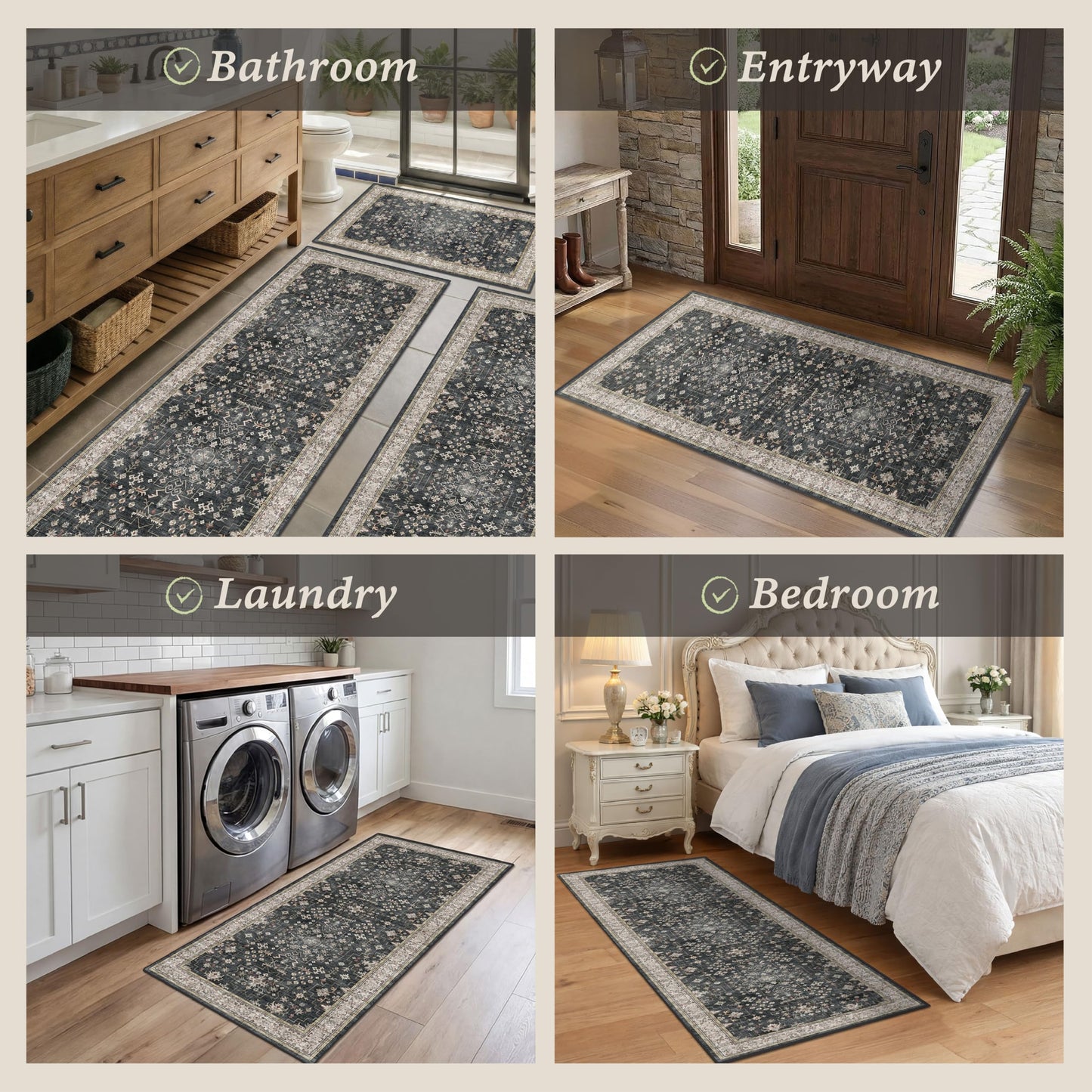 Black Boho Kitchen Rugs Set of 3, Non-Slip Machine Washable Kitchen Floor Mats, Low-Pile Runner Rug for Sink, Entryway, Bathroom, Laundry Room, Bedroom, Vintage Farmhouse Design