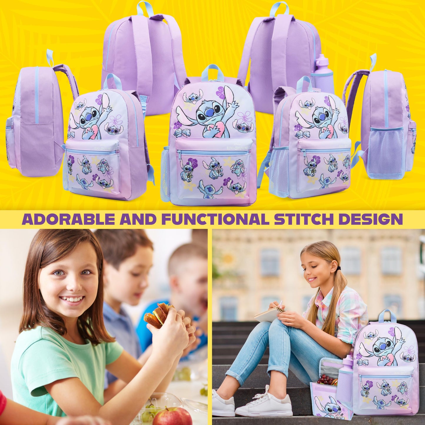 Disney Stitch Backpack Set 4 Pcs with Insulated Lunch Bag Water Bottle Pencil Case Gifts for Kids