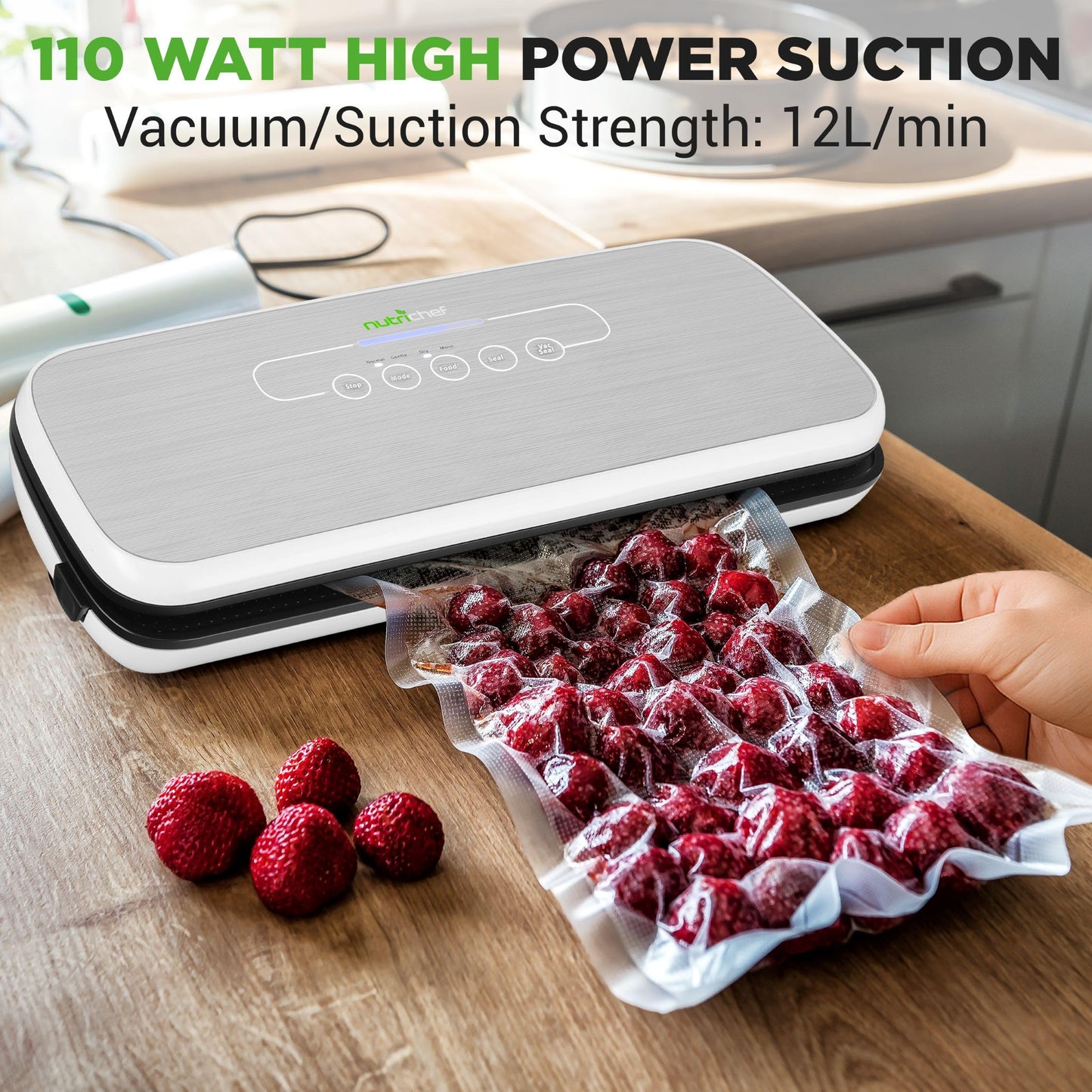 NutriChef Automatic Food Vacuum Sealer, Electric Air Sealing Preserver System for Dry and Moist Foods, LED Control, Strong Suction, Includes Bags, Wine Stopper Cork, and Air Suction Hose, 14"x6"x3"