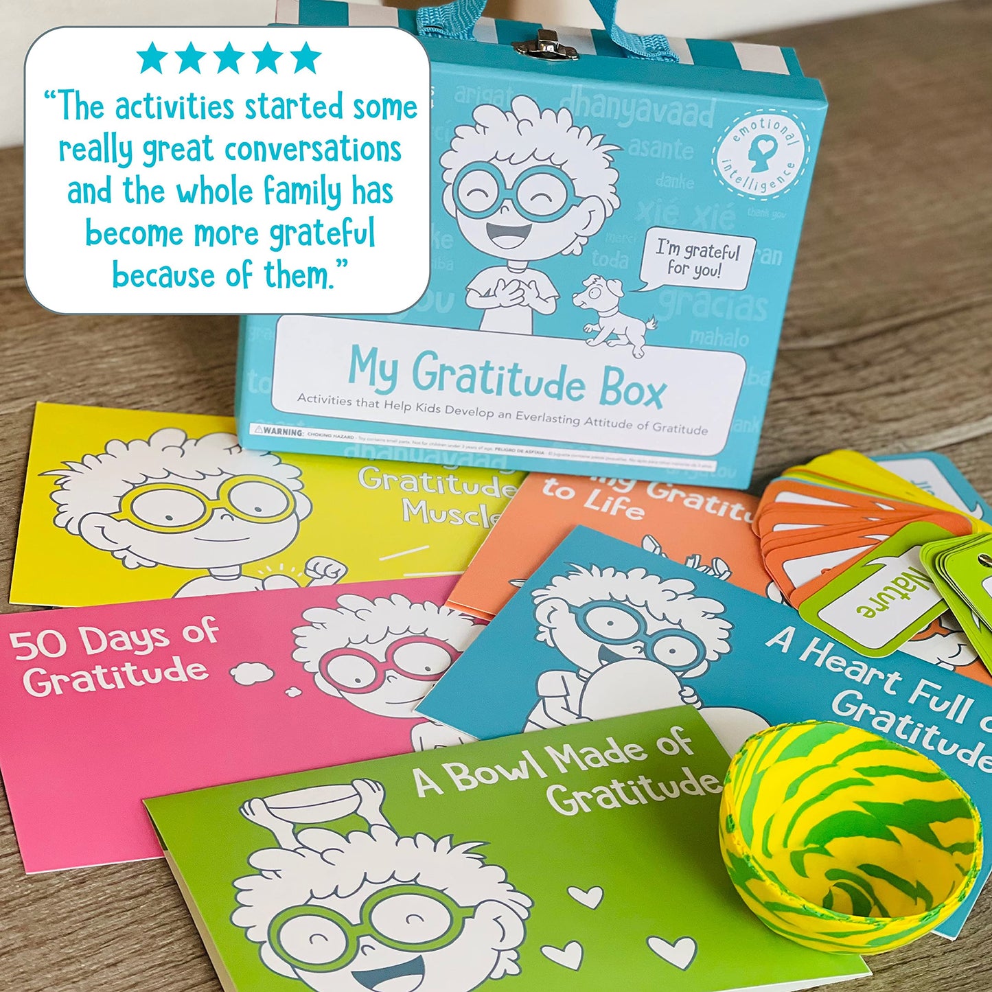 Open The Joy My Gratitude Box, Activity Box Includes A Wooden Building Project, Clay Bowl Project, Origami Projects, Notepad for Journaling, and Gratitude Cards - Ages 4+