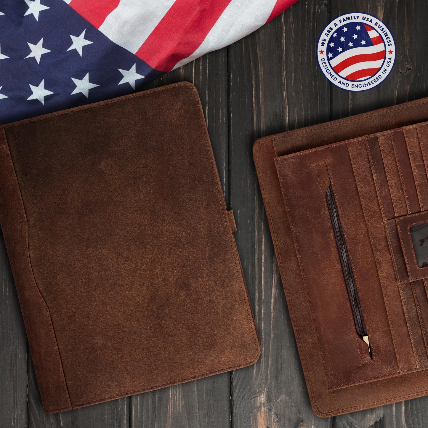ELIZO Leather Portfolio Padfolio Leather Binder Folder for Men and Women Professional Business Portfolio Organizer Men and Women Saddle Letter Strap