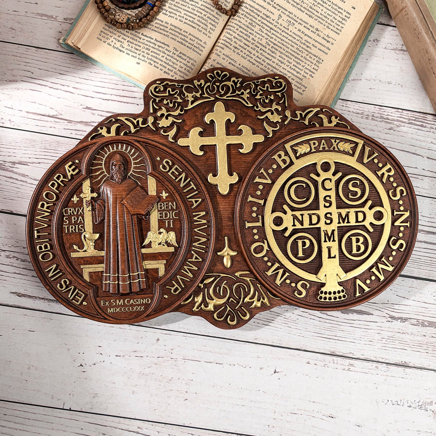 bgcarpenter Wooden Saint Benedict Plaque, St Benedict Medal Wall Decor Wall Art, Handmade Wall Hanging Sign, Religious Wall Plaque for Living Room Bedroom Kitchen - 16 Inch