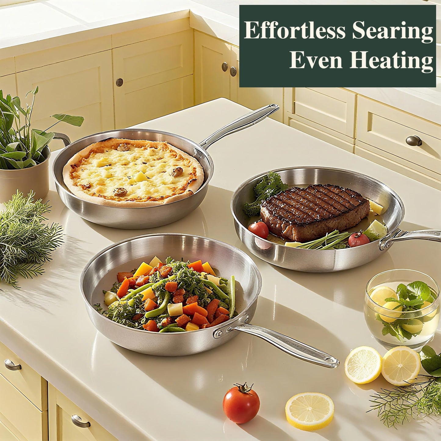 12 Inch Tri-Ply Stainless Steel Frying Pan, Frying Pan with Lid, PFOA/PTFE Free Skillet, Induction Cooking Pans, Dishwasher & Oven Broiler Safe 600F, Professional Cookware, Heavy Duty & Even Heat