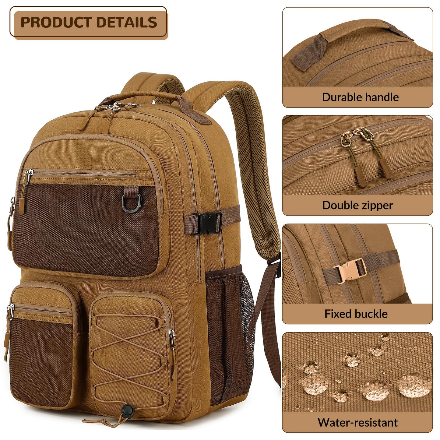 Lohol Water Resistant Daypack with Mulitiple Pockets for Travel Outdoor College, 15.6 inch Laptop Backpack for Men and Women (Brown)