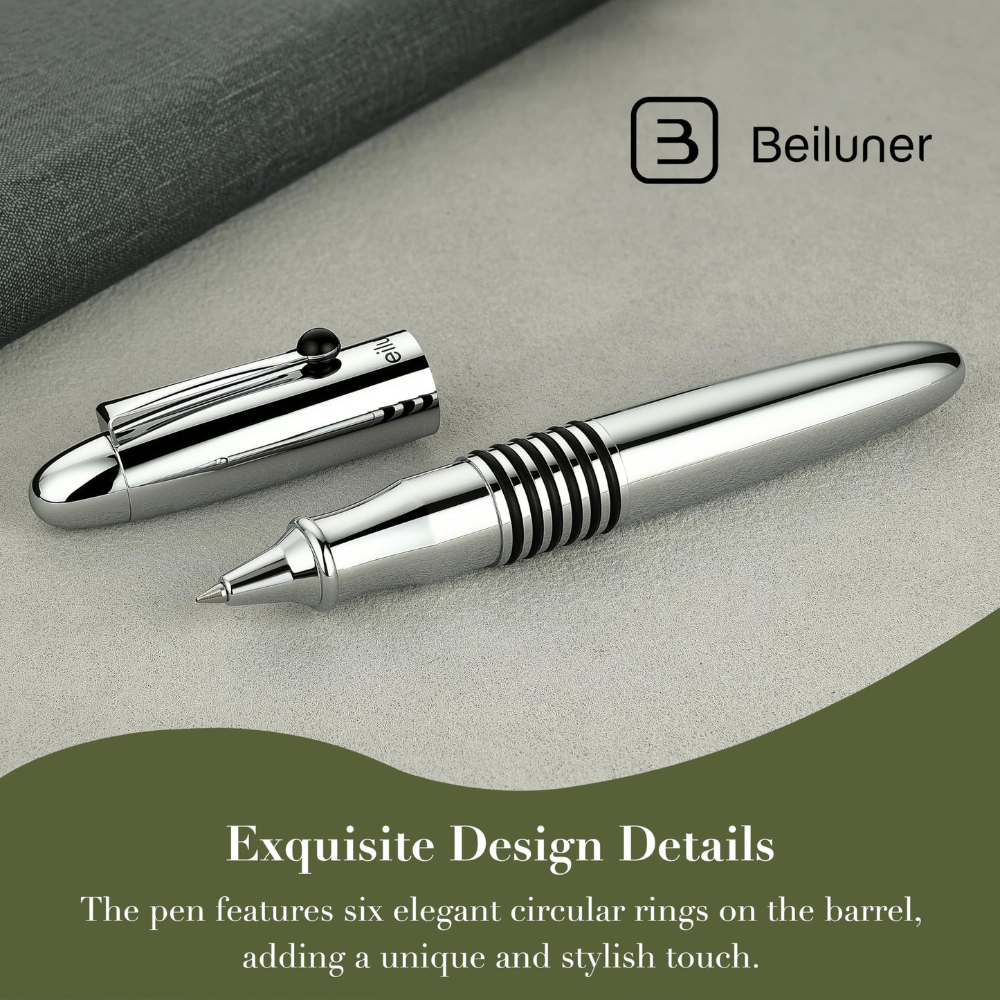 BEILUNER 320 Silver Chrome Rollerball - Stunning Luxury Pen with Chrome Finish, EDC, Heavy, Black Ink Refill, Best Gift Set for Men & Women, Professional, Executive Office, Nice Classic Pens
