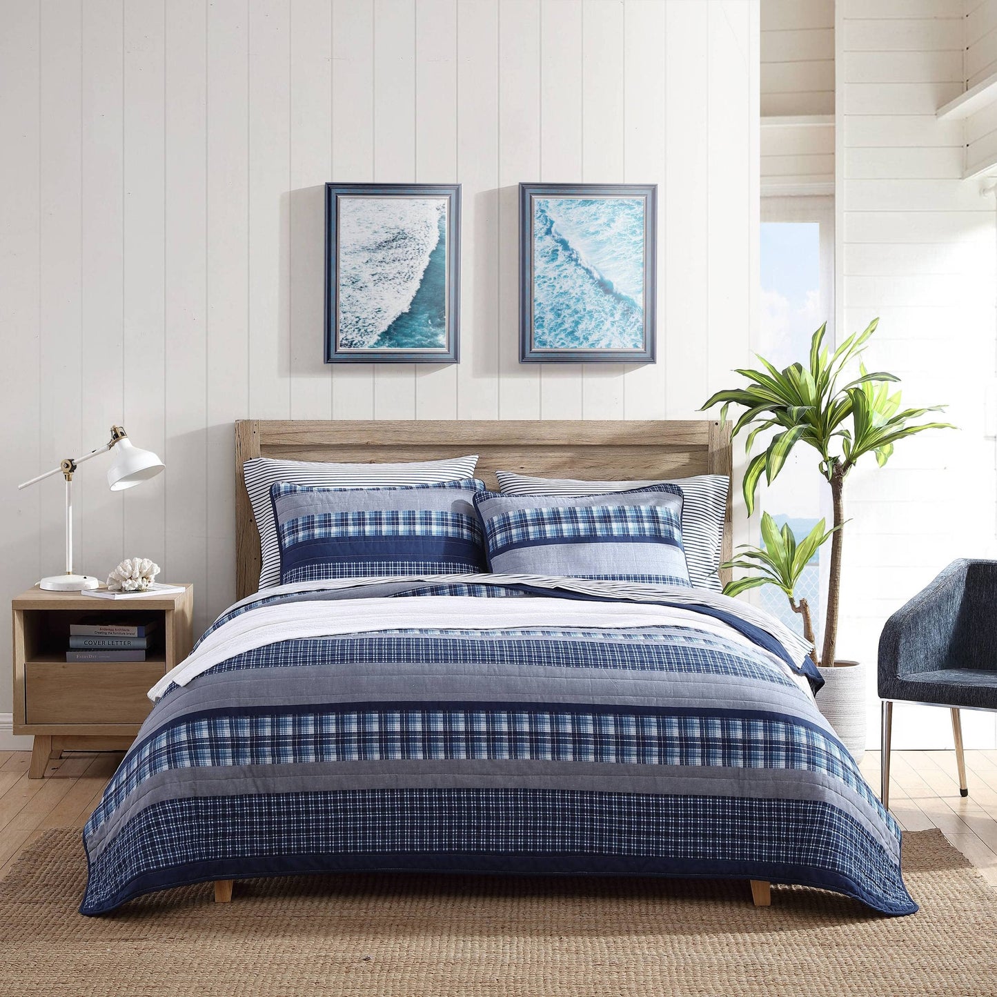 Nautica- Twin Quilt Set, Cotton Reversible Bedding Set (Addison Blue, Twin)
