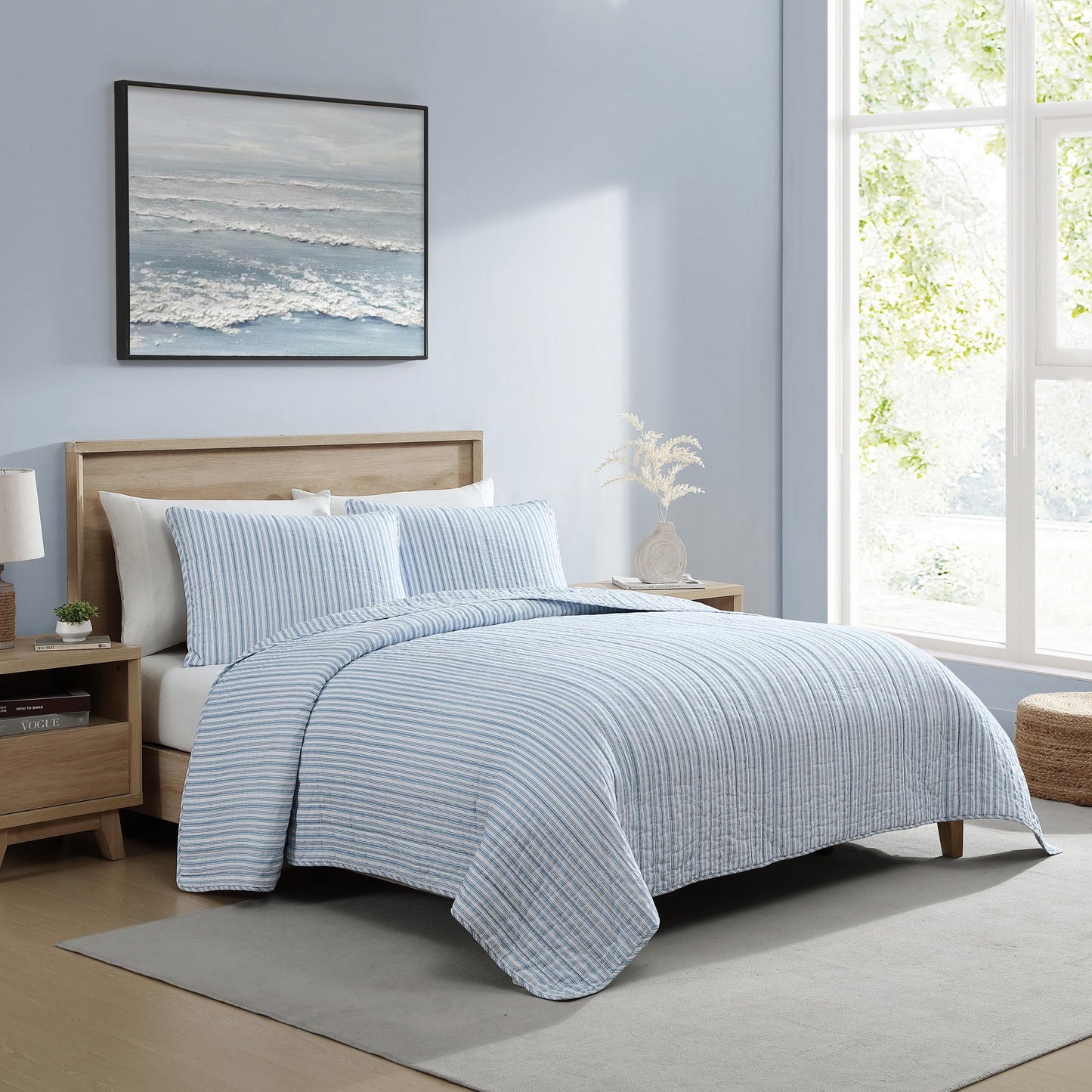 Nautica – Twin Quilt Set, Reversible Bedding with Matching Sham, Stripe Room Decor, Lightweight Bed Set, College Dorm Room Essentials (Coleridge Blue)