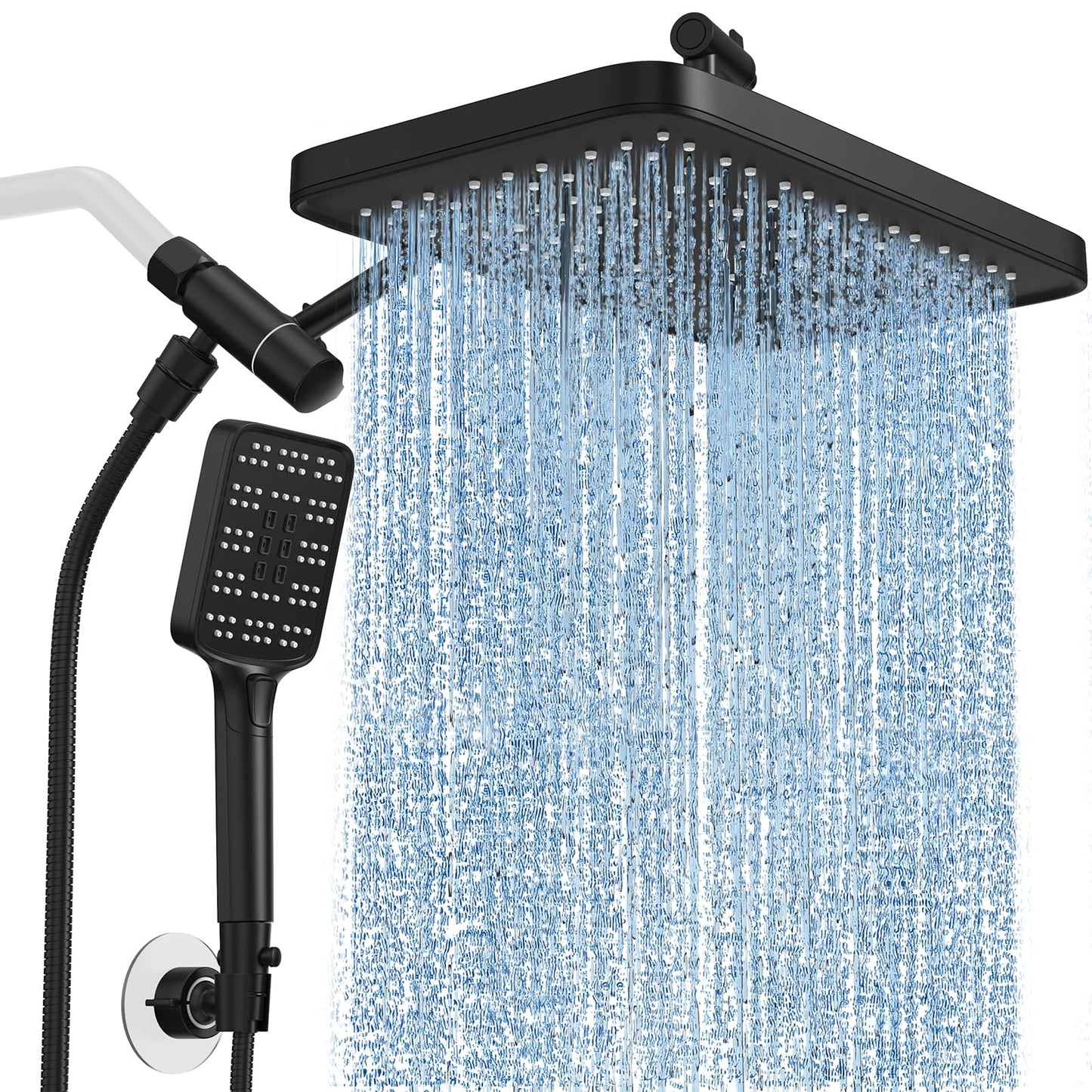Rain Shower Head with Handheld Spray Combo Set, Adjustable 12" Rainfall Dual Shower Head, Double&Tandem Shower Head, Waterfall Showerhead Bathroom -Matte Black