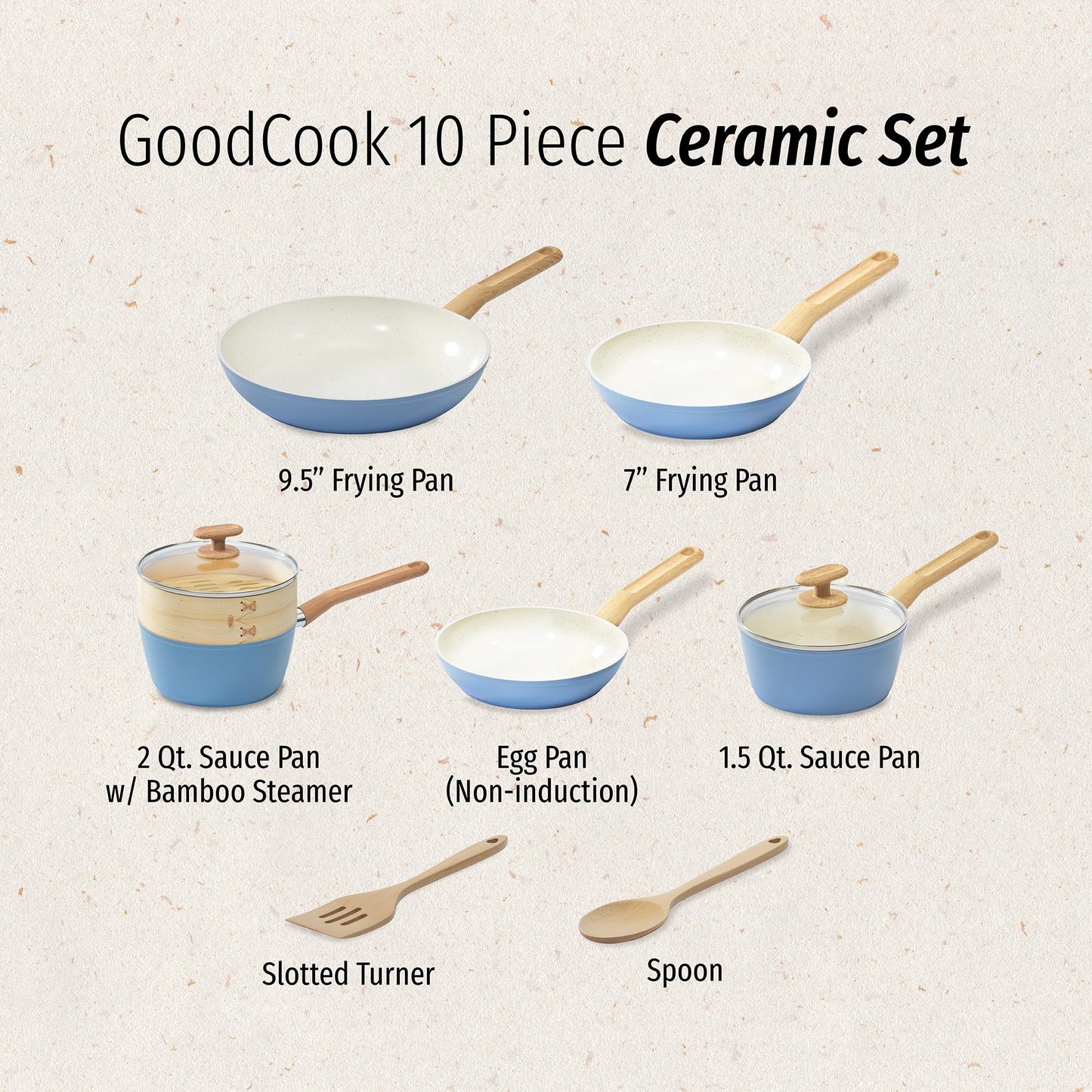 GoodCook 10-Piece Healthy Ceramic Titanium-Infused Cookware Set, Light Blue – Pots, Pans, Steamer, Spoon & Turner – Induction Cookware, Kitchen Pots & Pans Set, Nonstick Cooking Pan Set