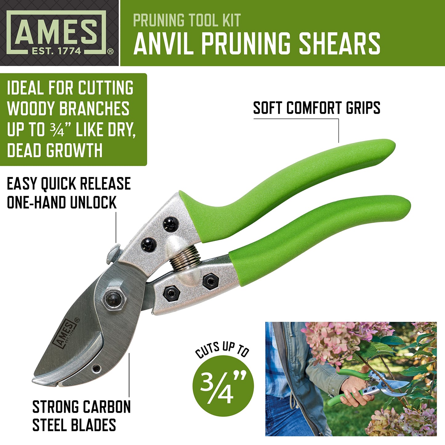 AMES 20213344 4-pc. Pruning Tools Kit with Bypass & Anvil Pruners, Garden Snips, Grass Shears & Canvas Case
