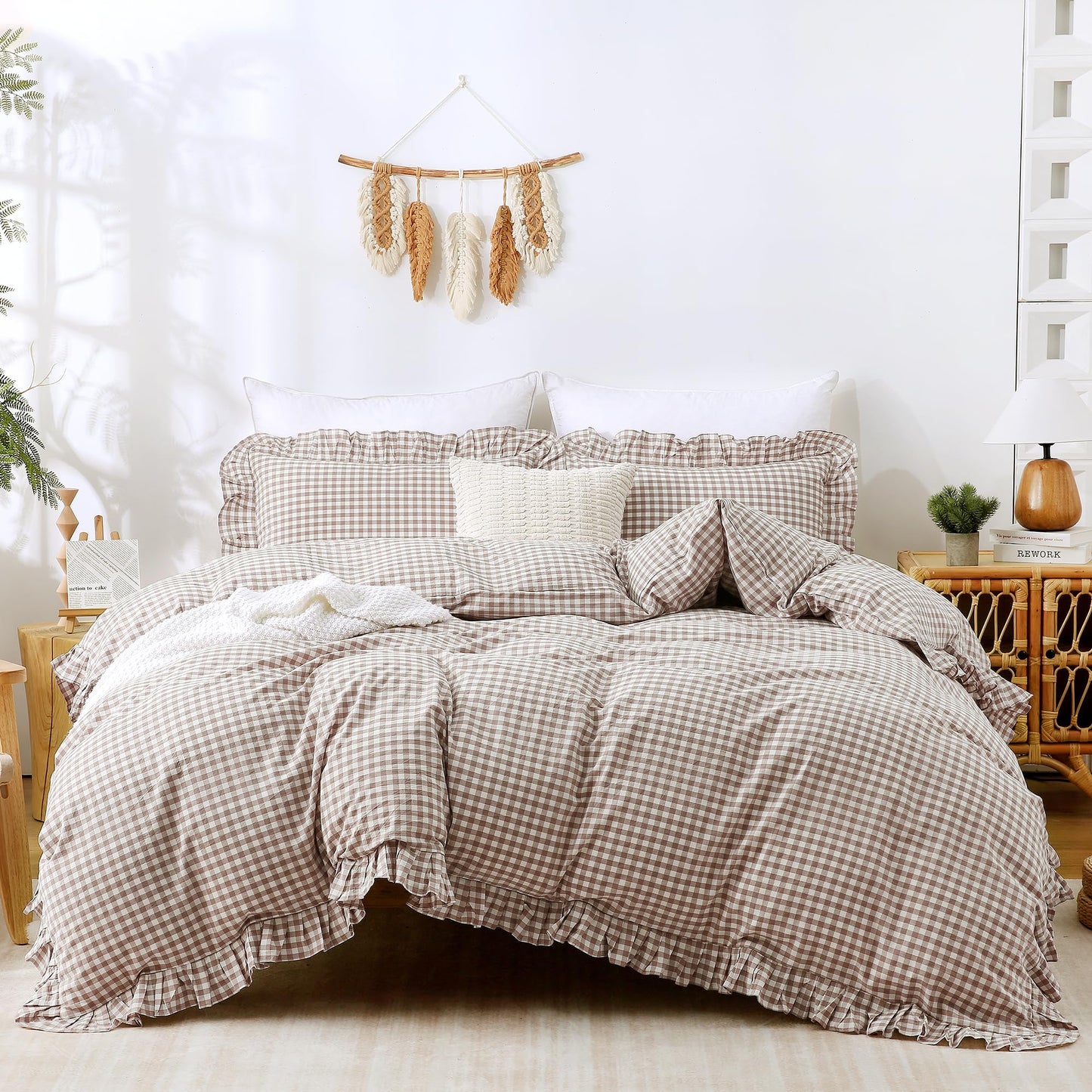 ATsense Tan Gingham Duvet Cover Bedding Set 100% Washed Cotton Like Linen Feel Soft Breathable 3 Pcs Brown Plaid Checkered Cute Ruffle Comforter Cover Set (Queen 90"x90", No Comforter)