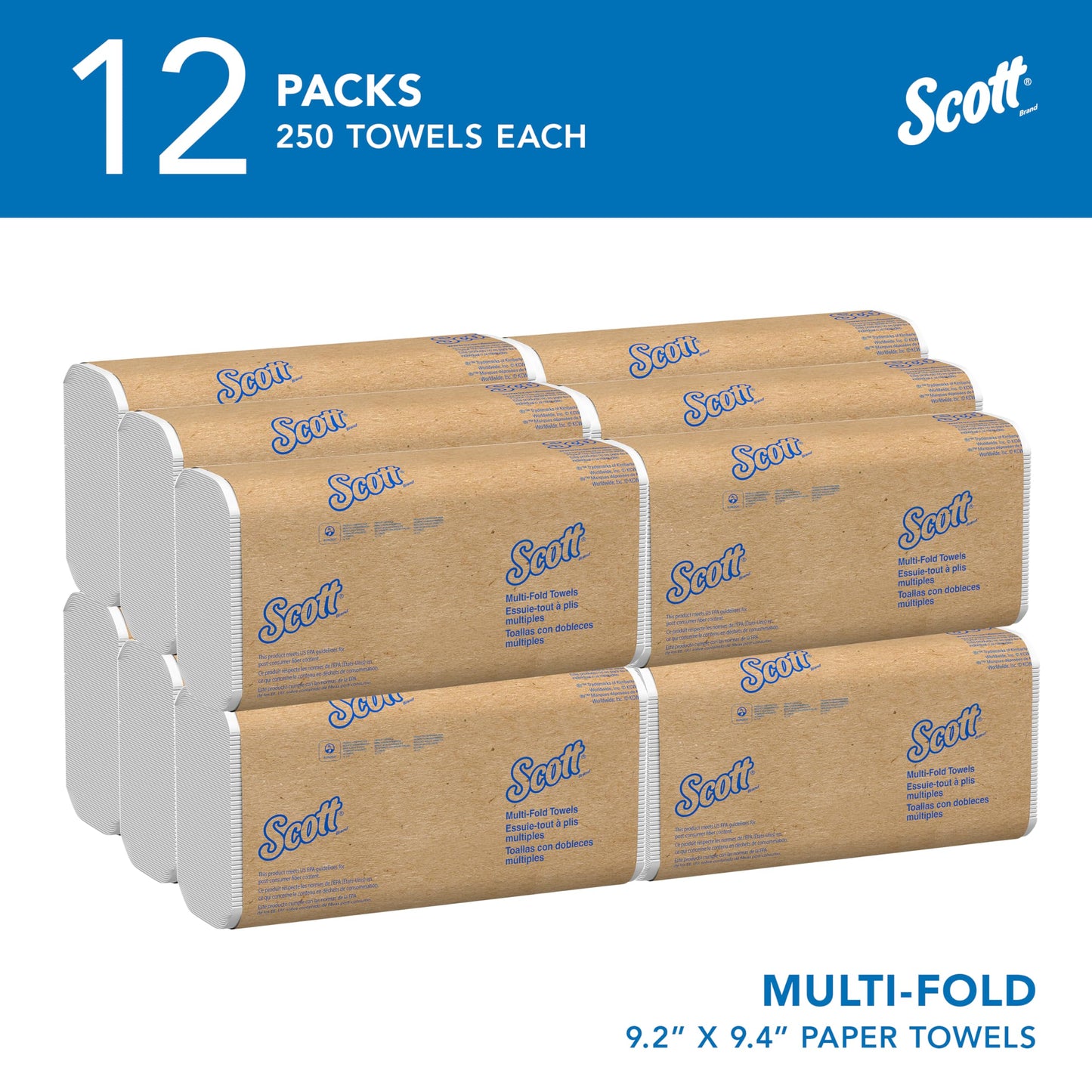 Scott Professional Universal Multifold Paper Towels, Bulk (58091), Absorbency Pockets, White, 9.2"x9.4" Towel, White, Compressed, Compact Case (250 Sheets/Pack, 12 Packs/Case, 3,000 Sheet Total)