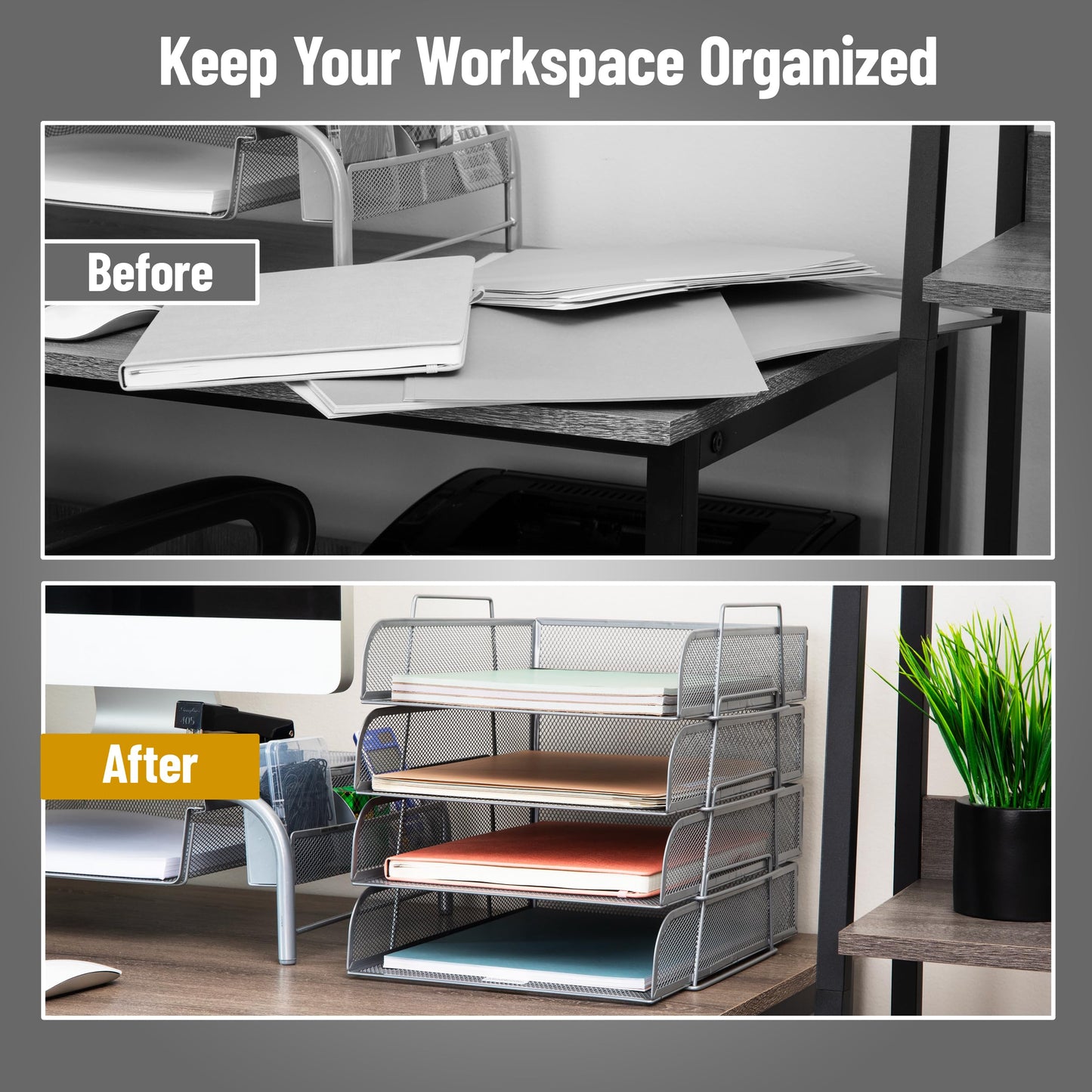 Mind Reader Stackable Paper Tray, Desktop Organizer, File Storage, Office, Metal Mesh, 10.5" L x 13.5" W x 11.25" H, 4 Pcs., Silver