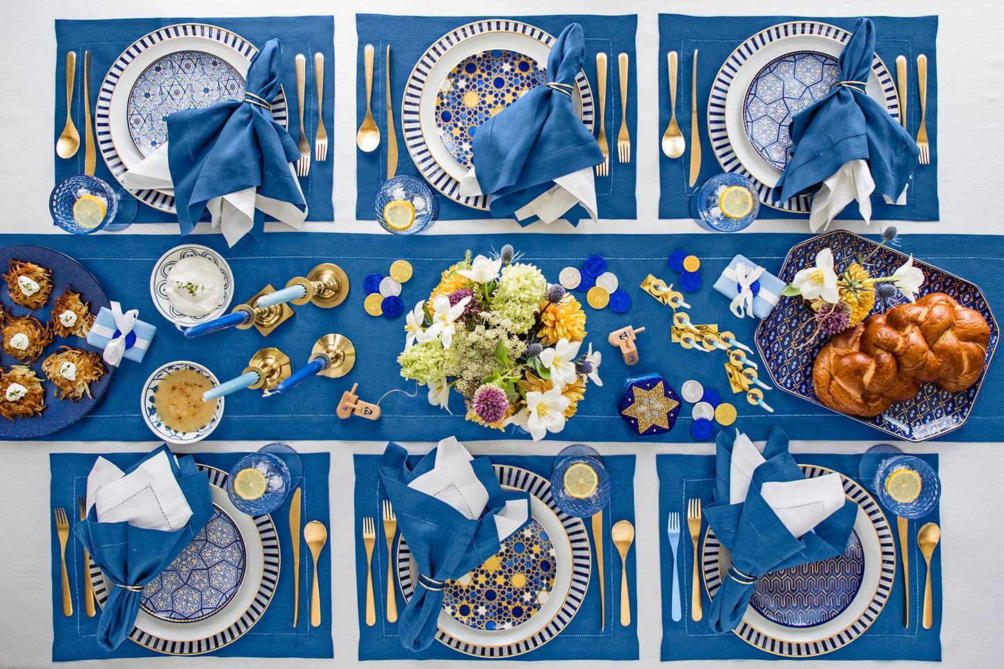 Solino Home Linen Napkins Set of 4 - Classic Hemstitch 100% Pure Linen Indigo Blue Dinner Napkins Cloth 20 x 20 Inch for Summer - Handcrafted and Machine Washable