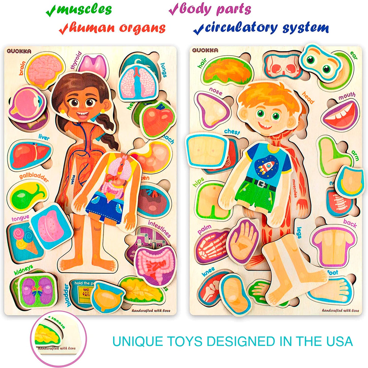 QUOKKA Toddler Toys for 1 2 3 Year Old Boys and Girls - 2 Montessori Toys from 3 Years with Human Body Game - Fun Wooden Puzzles for Learning Kids and Educational Toddler Games