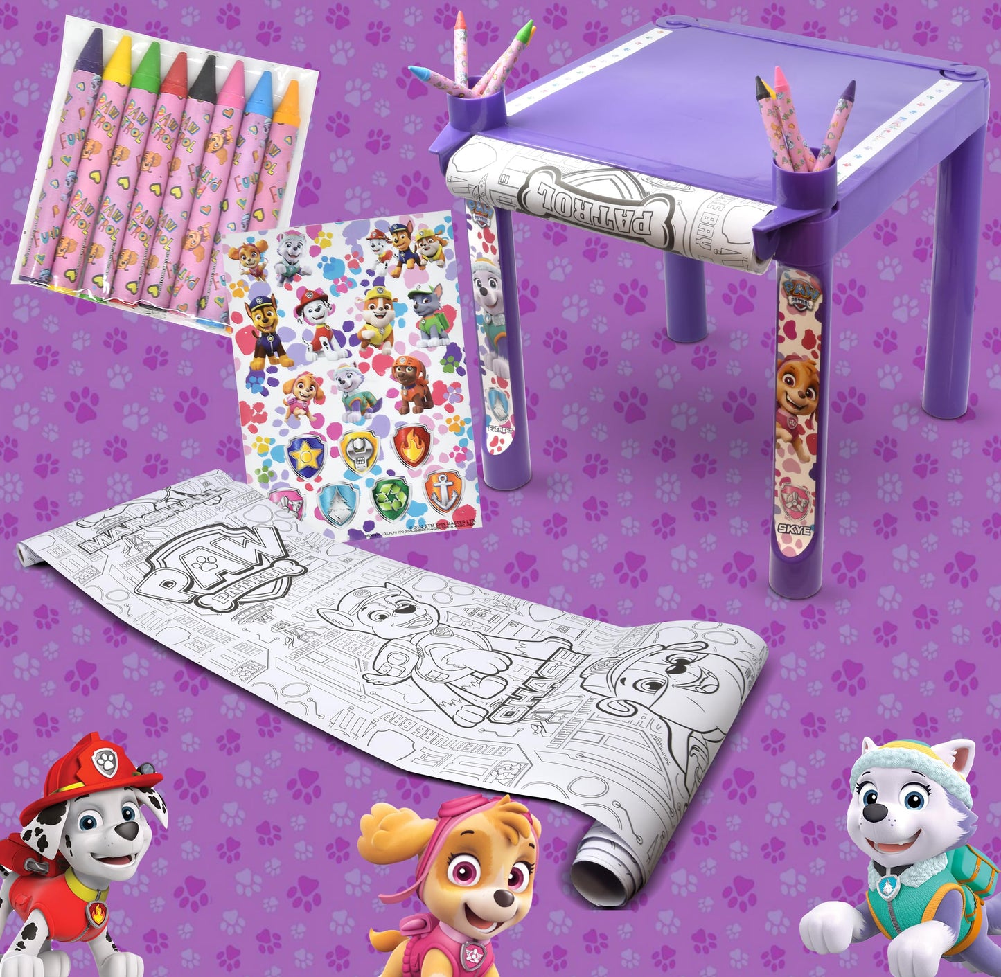 Paw Patrol Coloring & Craft Activity Art Table for Kids Girls with Colorable Roll Crayons Stickers Plastic Table Holder Desk