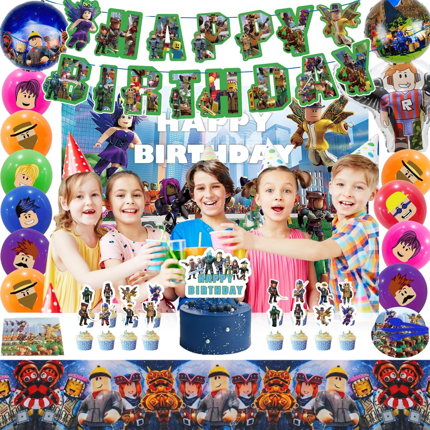 Birthday Party Decorations - Theme Children's Party Supplies Included Happy Birthday Banner, Backdrop, Hanging Swirls, Tablecloth, Cupcake Cake Toppers, Tableware set, Latex and Foil Balloons