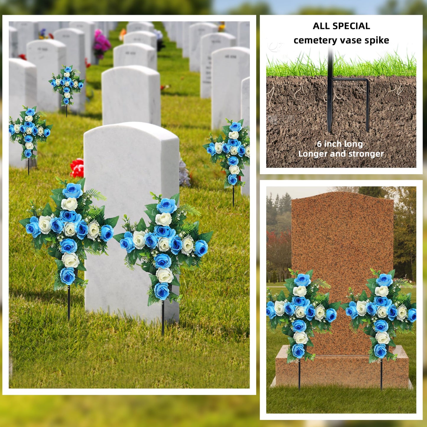 Hibsotco Artificial Cemetery Flowers,Set of 2 Faux Floral Cross,Artificial Rose Bouquet Decoration for Cemetery Headstones Gravesites,Silk Flowers for Long-Lasting Remembrance (Blue)