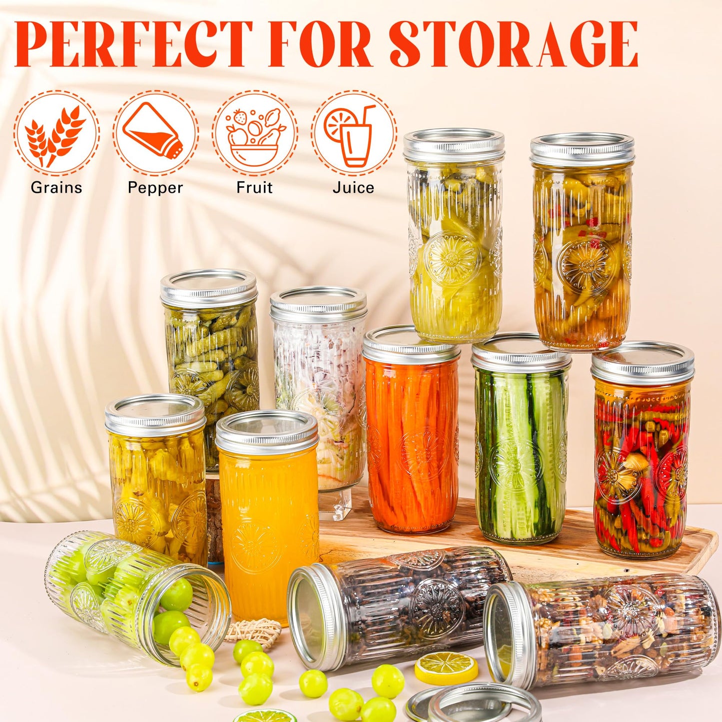 Qumuauu 12 Pack 24 oz Tall Wide Mouth Mason Jars – Pint and a Half Glass Canning Jars with Airtight Metal Lids & Bands for Pickling, Fermenting, Cold Brew, Overnight Oats, Meal Prep