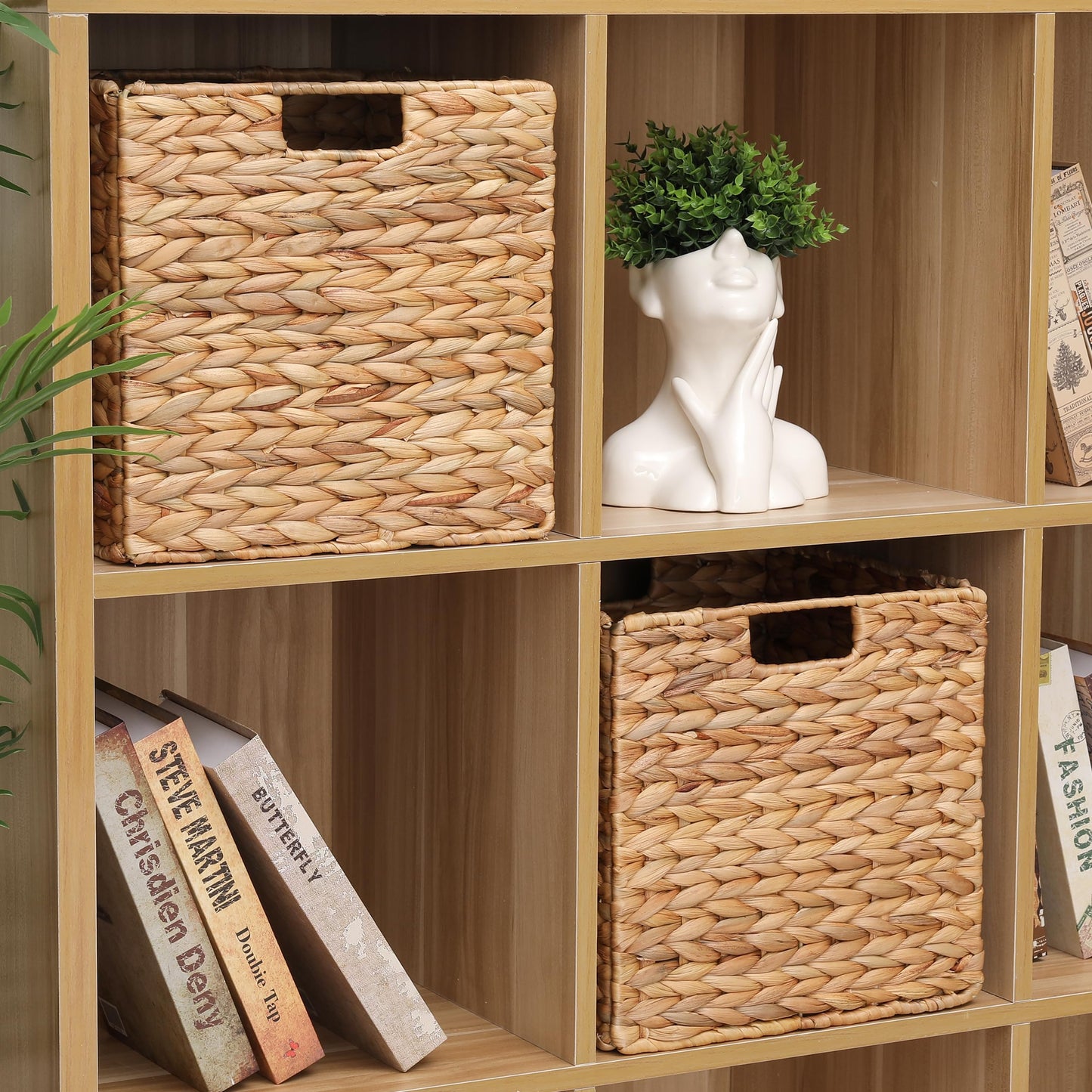 12 x 12 x 12in Water Hyacinth Storage Baskets, Wicker Storage Baskets for Shelves, Foldable Square Bins for IKEA Kallax Set of 3, Large Cubby Rattan Basket, Wicker Basket for Organizing