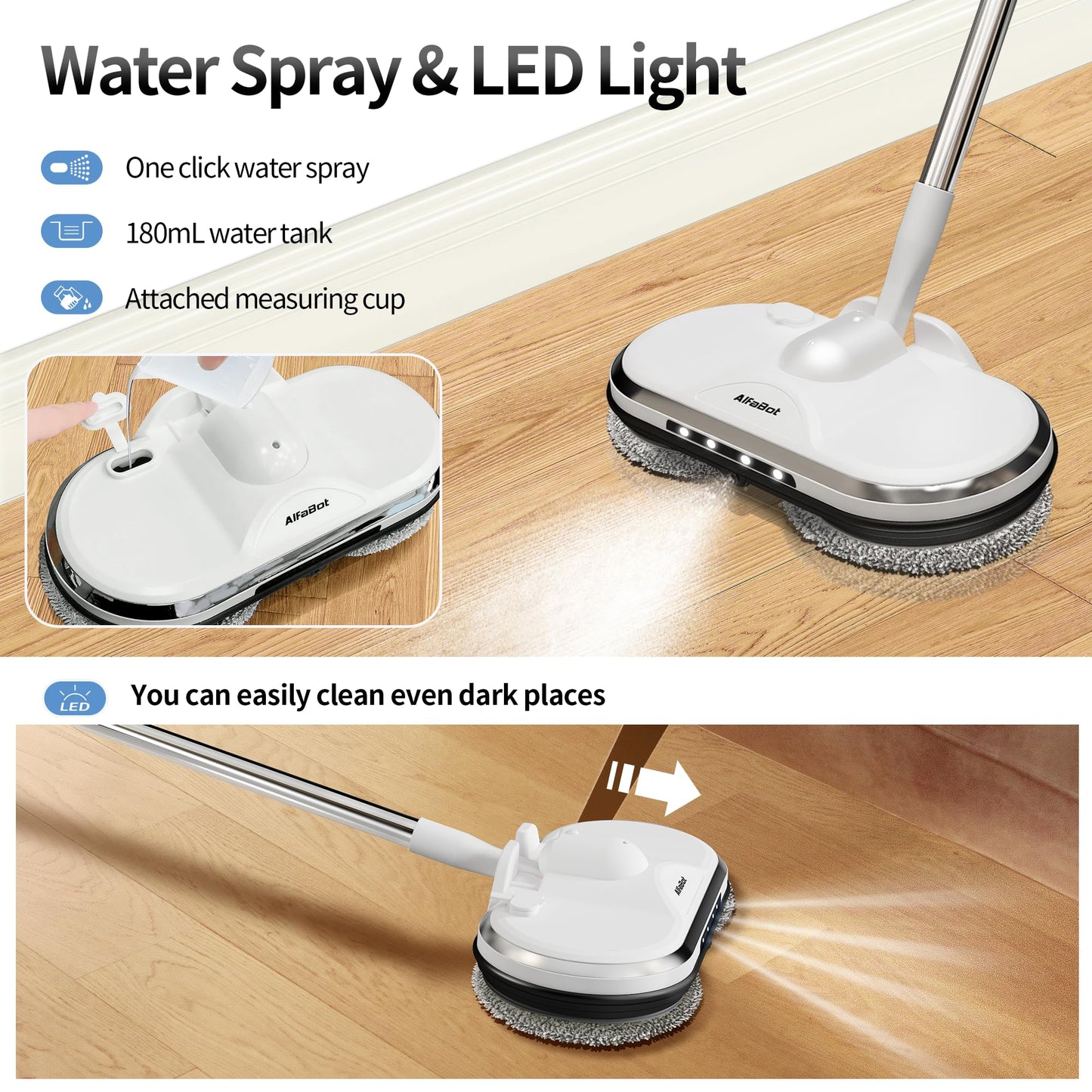 Electric Mop, AlfaBot WS-24 Cordless Spin Mop for Floor Cleaning, Lightweight & Rechargeable Floor Cleaner with Water Sprayer and LED Headlight for Hardwood and Tile Floors, White