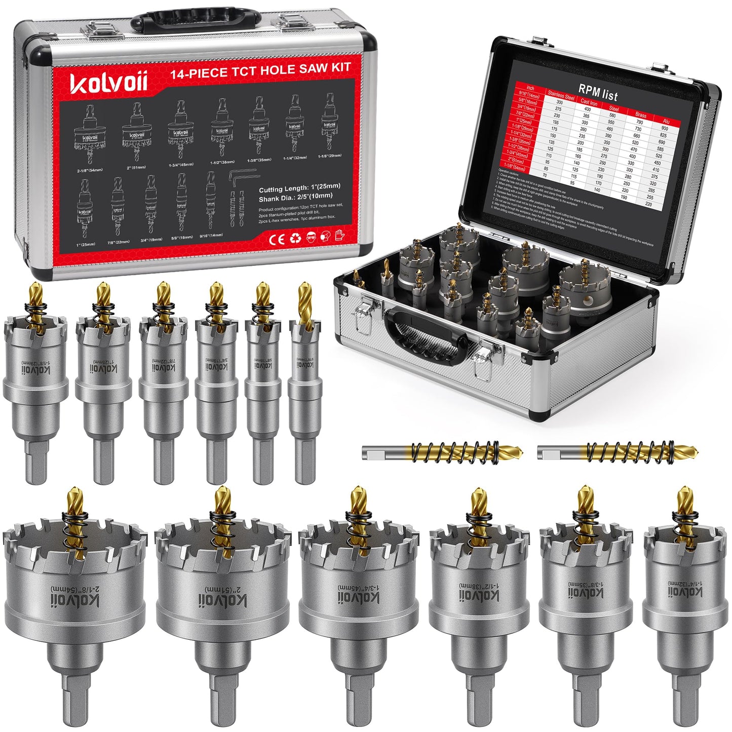 Kolvoii 14 PCS TCT Hole Saw Kit for Hard Metal, 9/16"-2-1/8" Inch Tungsten Carbide Tipped Hole Saw Drill Bit Hole Cutter Set with 1 Aluminum Box 2 Extra Pilot Drill Bits and 2 Wrench