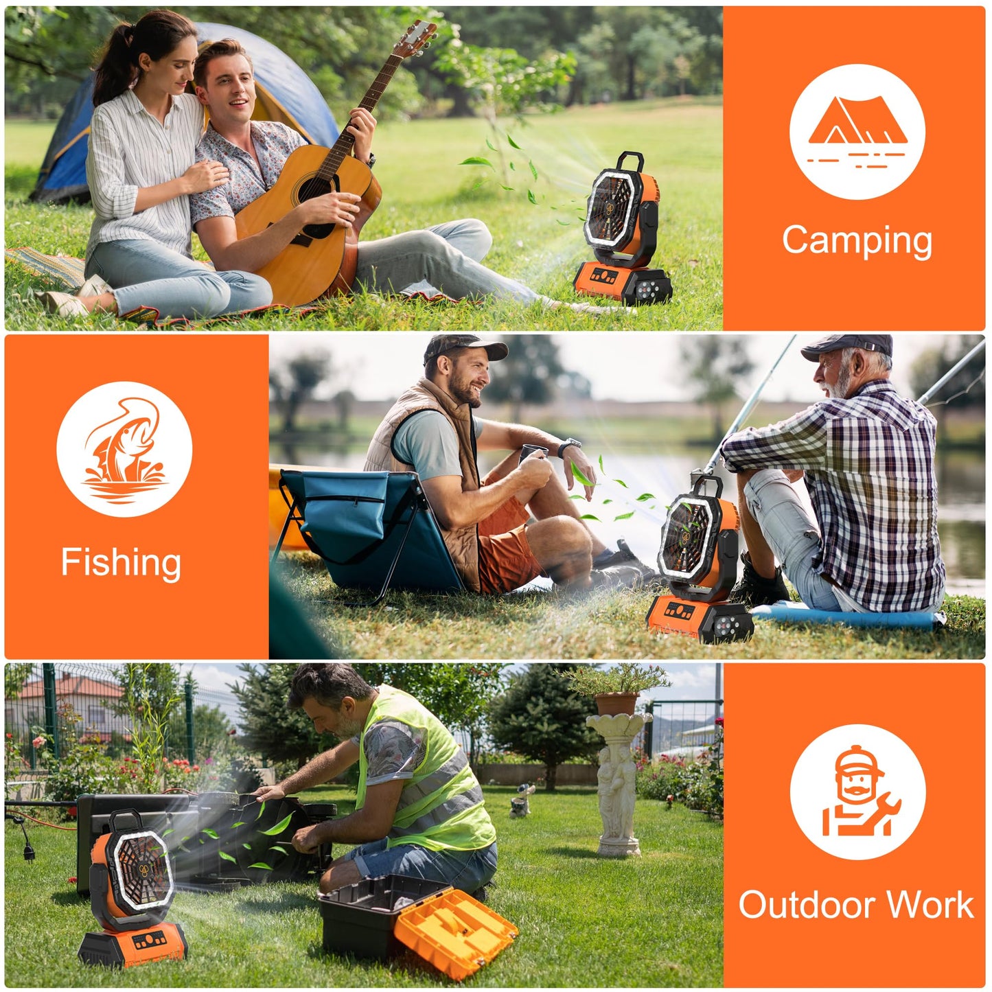 Honesorn Portable Rechargeable Fan 20000mAh, Camping Fan with LED Light & Remote, USB C Cordless Battery Powered, 4 Speeds Timer Hanging Hook for Travel Tent Outdoor Essentials - Orange