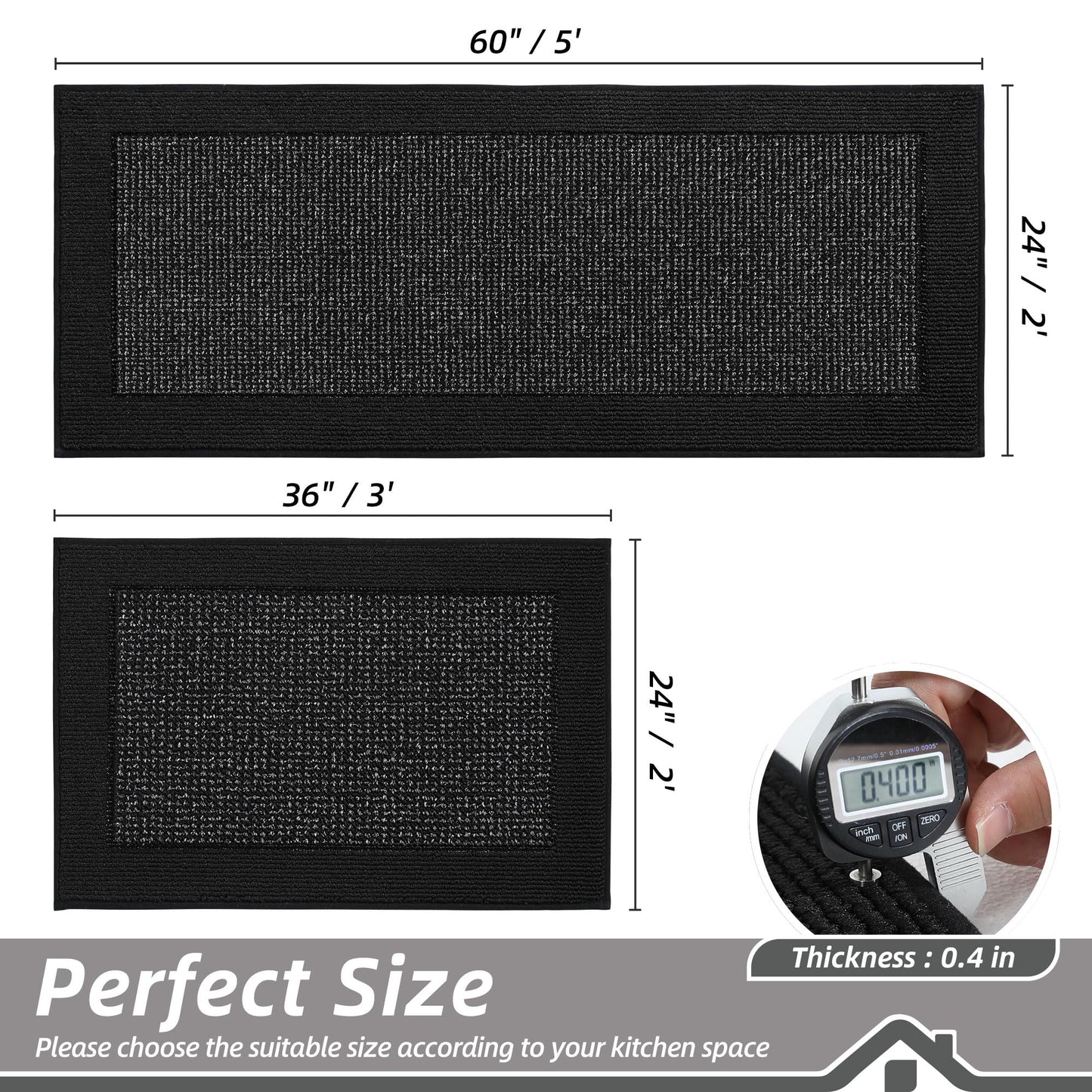 BEQHAUSE Kitchen Rugs and Mats Set of 2 Non-Slip Kitchen Mats for Floor, Absorbent and Stain Resistant Kitchen Runner, Machine Washable Rugs for Kitchen, Laundry & Sink, 24"x36"+24"x60", Black