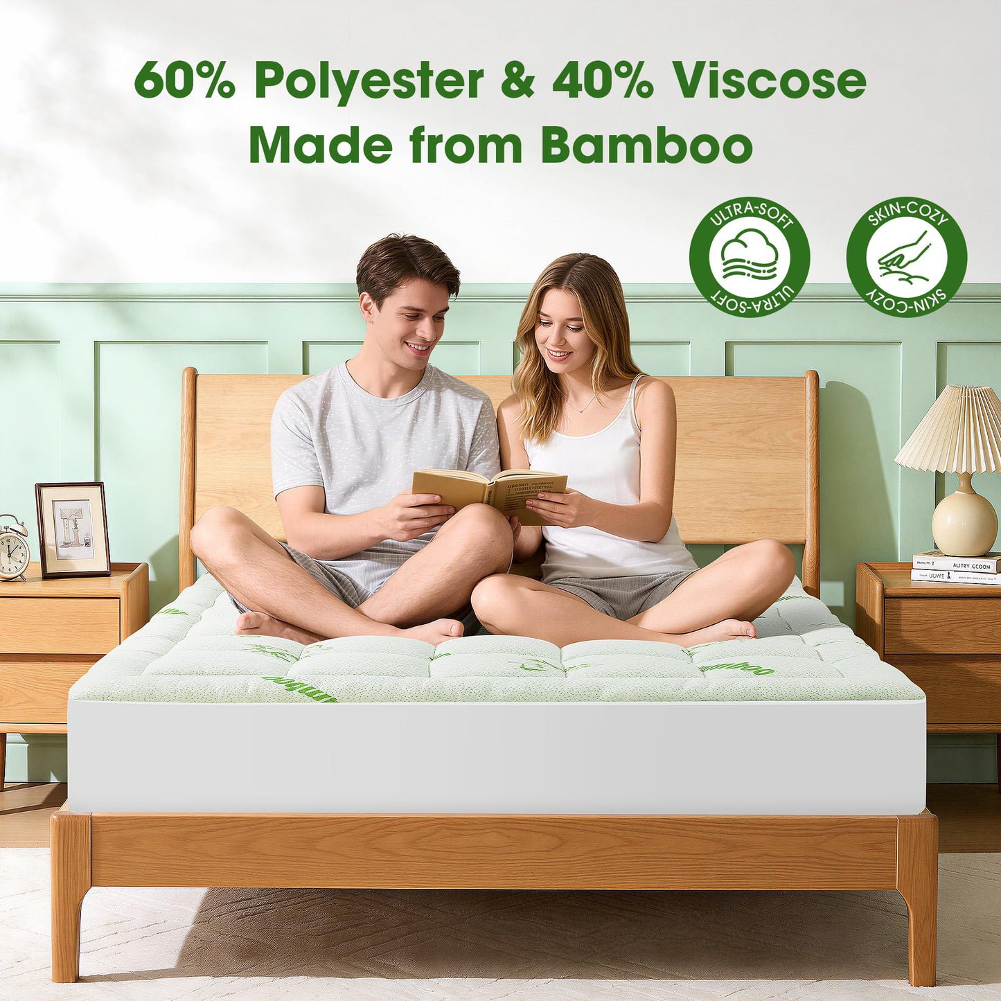 Mattress Pad King Size, Cooling Pillow Top Mattress Topper, Ultra Soft Viscose Made from Bamboo, Breathable for Hot Sleepers, Deep Pocket 8"-20", Green