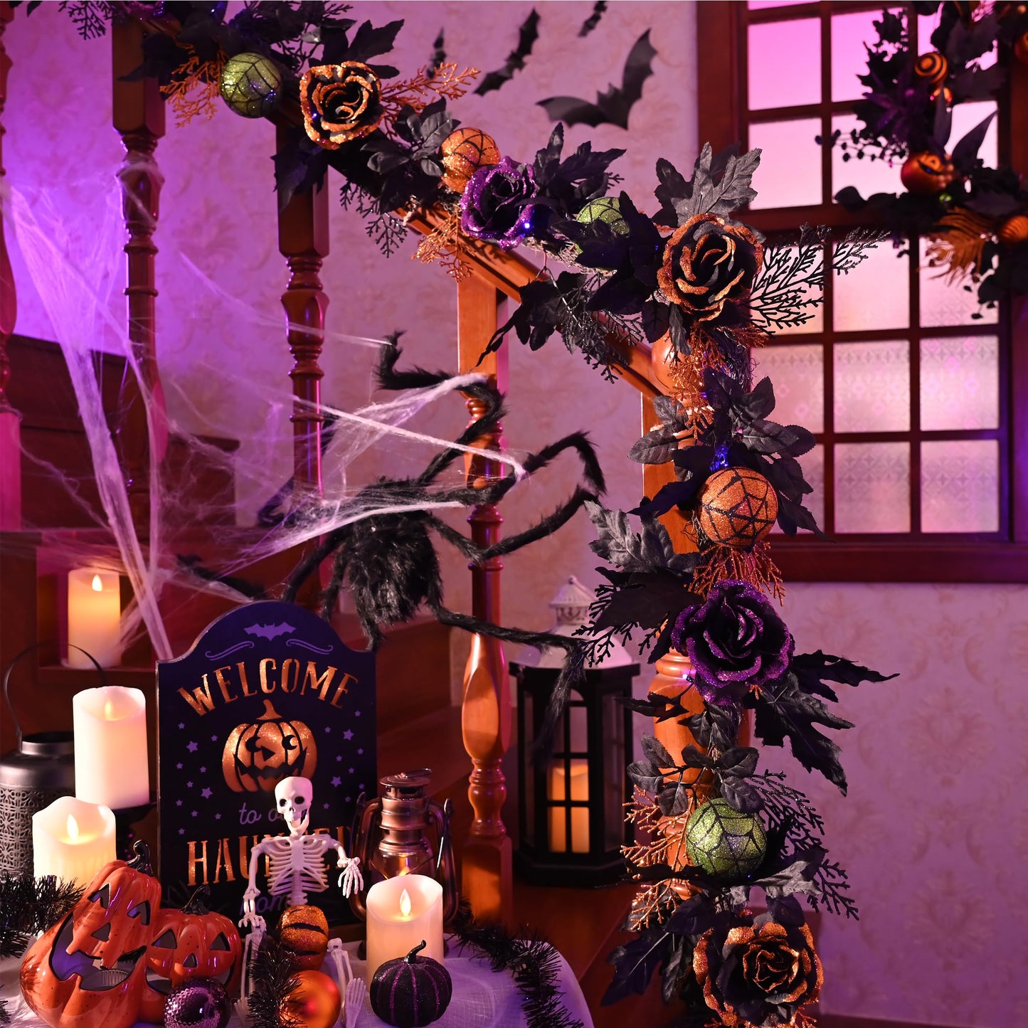 Valery Madelyn Halloween Garland with Lights, 6 Feet Pre-Lit Orange Purple Roses Black Maple Leaves Green Ball Ornaments Garland Decorations for Indoor Table Centerpiece Mantle Party Holiday Decor