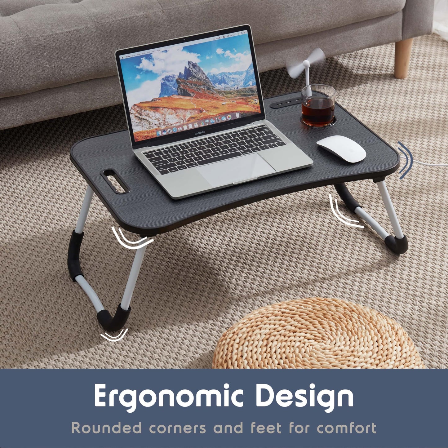Nestl Foldable Lap Desk - Portable Laptop Stand for Bed, Couch, Work, Reading & Writing, Lap Table with USB Ports, Large Laptop Tray, Black