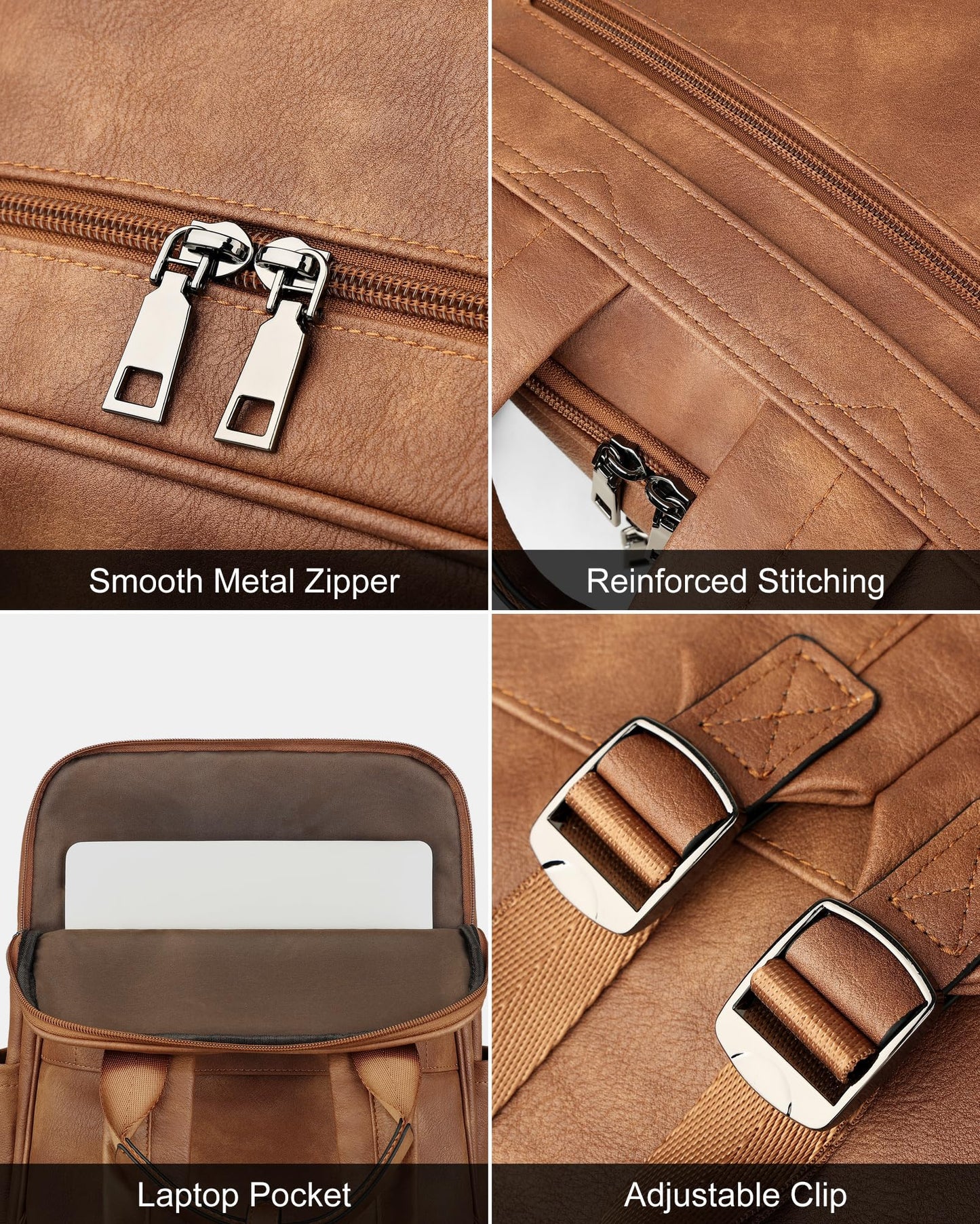 MASINTOR 15.6 inch Leather Laptop Backpack Purse for Women, Designer Travel and Work Bag with Laptop Compartment Mocha Brown