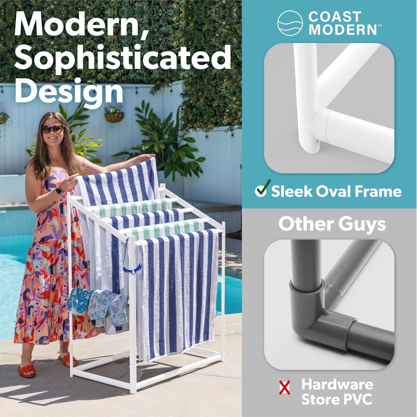 Coast Modern Pool Towel Rack – 5 Beach Towel PVC Drying Rack for Outdoor & Indoor Use - White