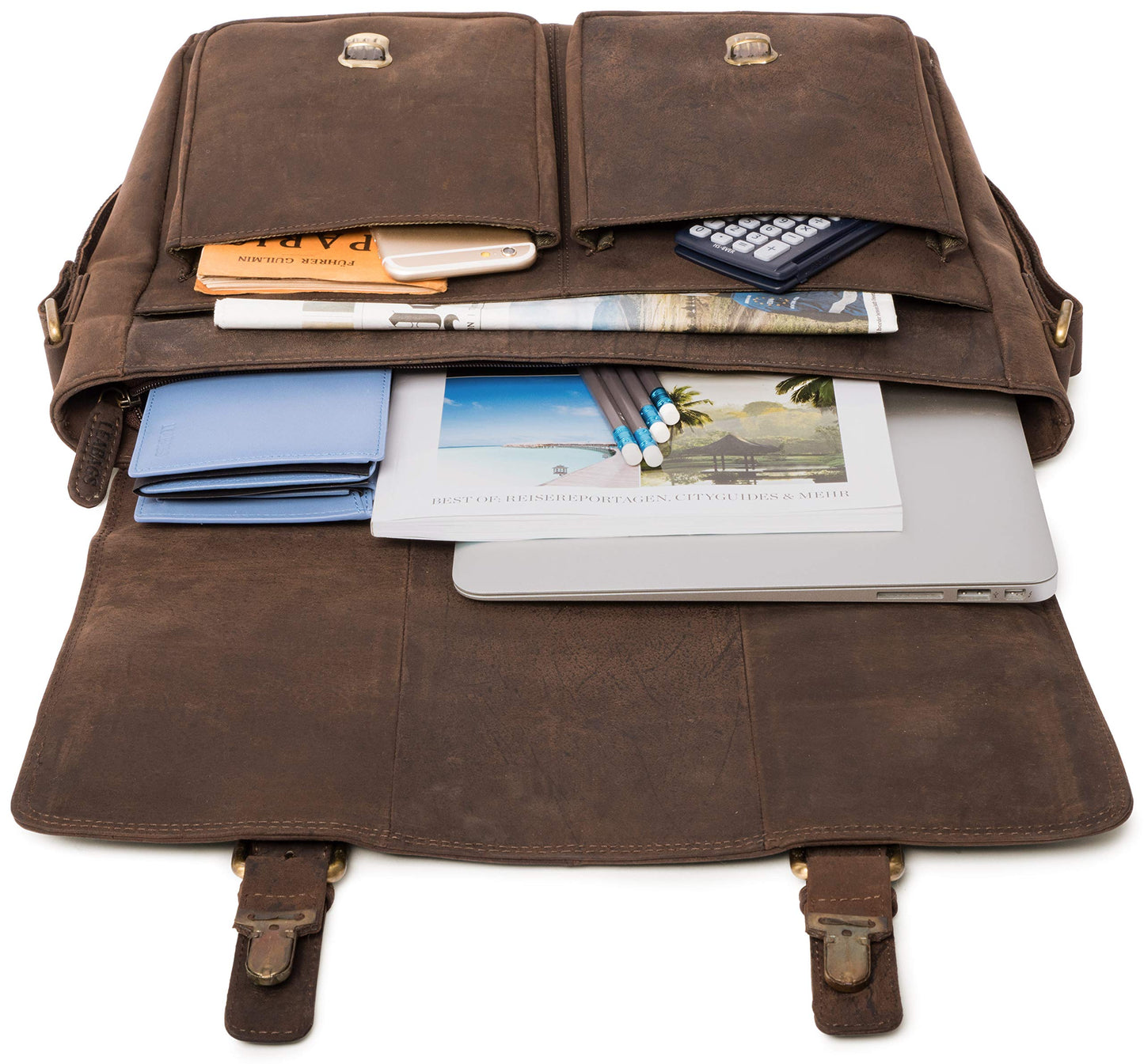 LEABAGS Leather Briefcases for Men - Genuine Leather Cambridge 15 Inch Laptop Bag - Messenger Bag Vintage Shoulder Bag