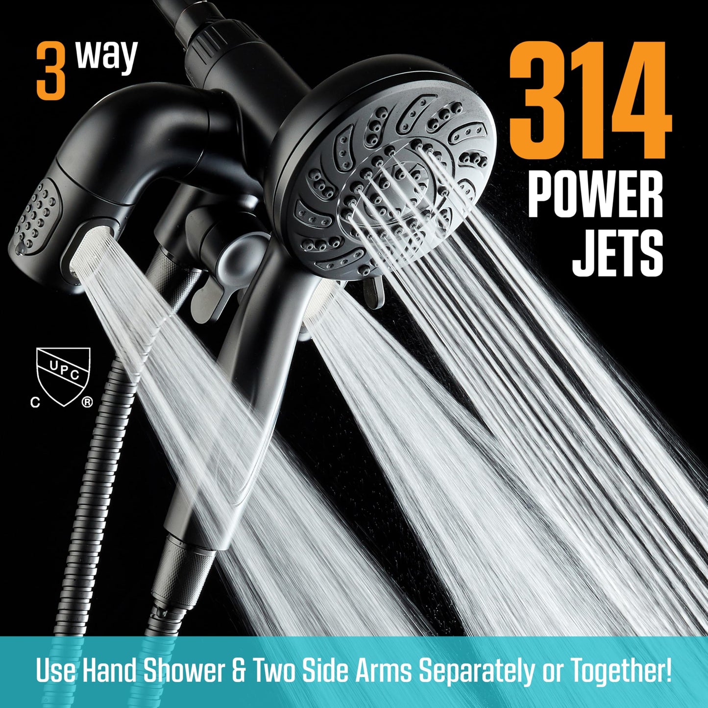 Aquadance High Pressure 156 Setting 14 Zone Shower Head & Handheld 3-way Combo System - Magnetic Docking, 314 Power Jets, Dual Adjustable Arms, 6 ft. Metal Hose, Matte Black Finish, Top American Brand