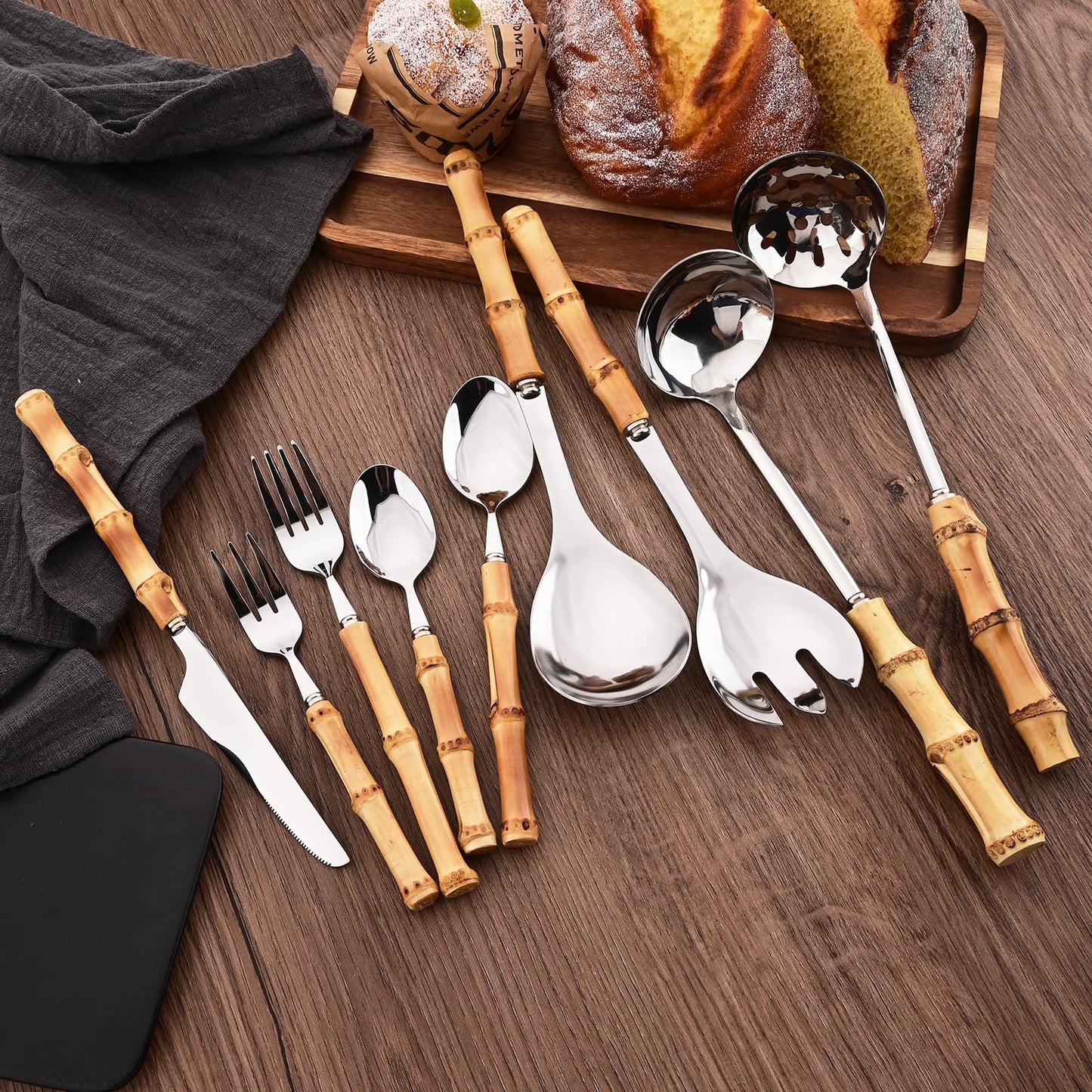 Uniturcky 50PCS Silverware Set for 10, Bamboo Handle Flatware Set, Stainless Steel Cutlery Set for Home Restaurant and Party, Bamboo Forks Spoons and Knives Set, Polished Tableware