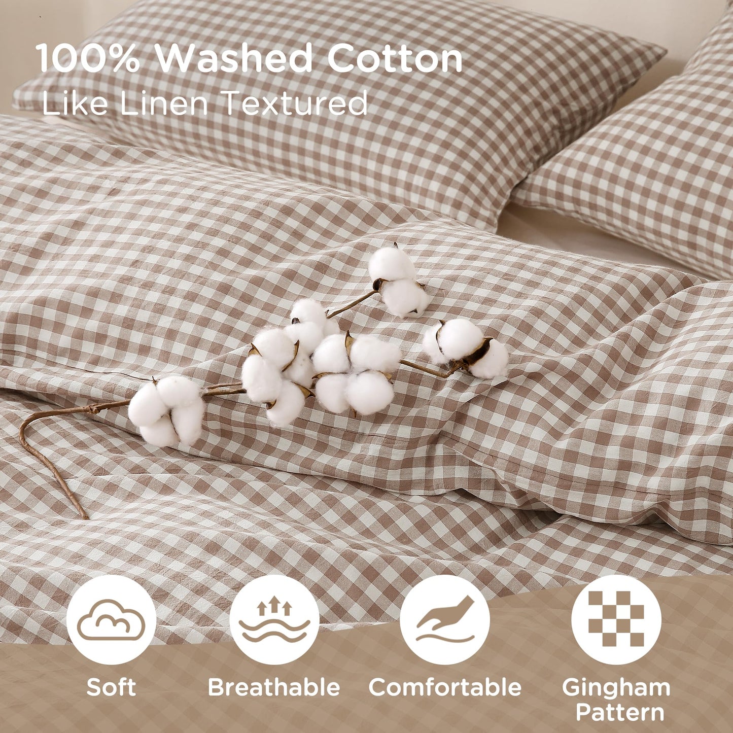 TOCOMOA Tan Gingham Duvet Cover Bedding Set 100% Washed Cotton Like Linen Feel Super Soft Comfy 3 Piece Brown Vintage Plaid Checkered Fall Comforter Cover Set (King 104"x90", Comforter Not Included)