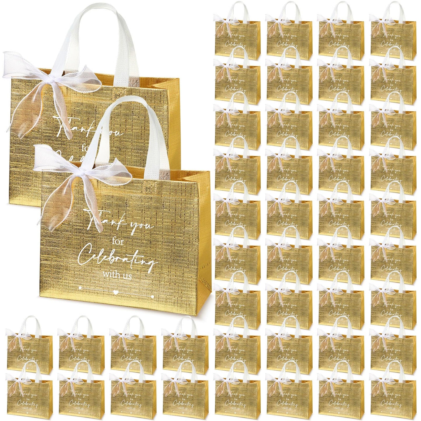 CHENGU 100 Pcs Thank You for Celebrating with Us Wedding Gift Bags for Hotel Guests Bulk Welcome Bags Reusable Non Woven Tote with Handle for Bridal Shower Party Favor(Gold)