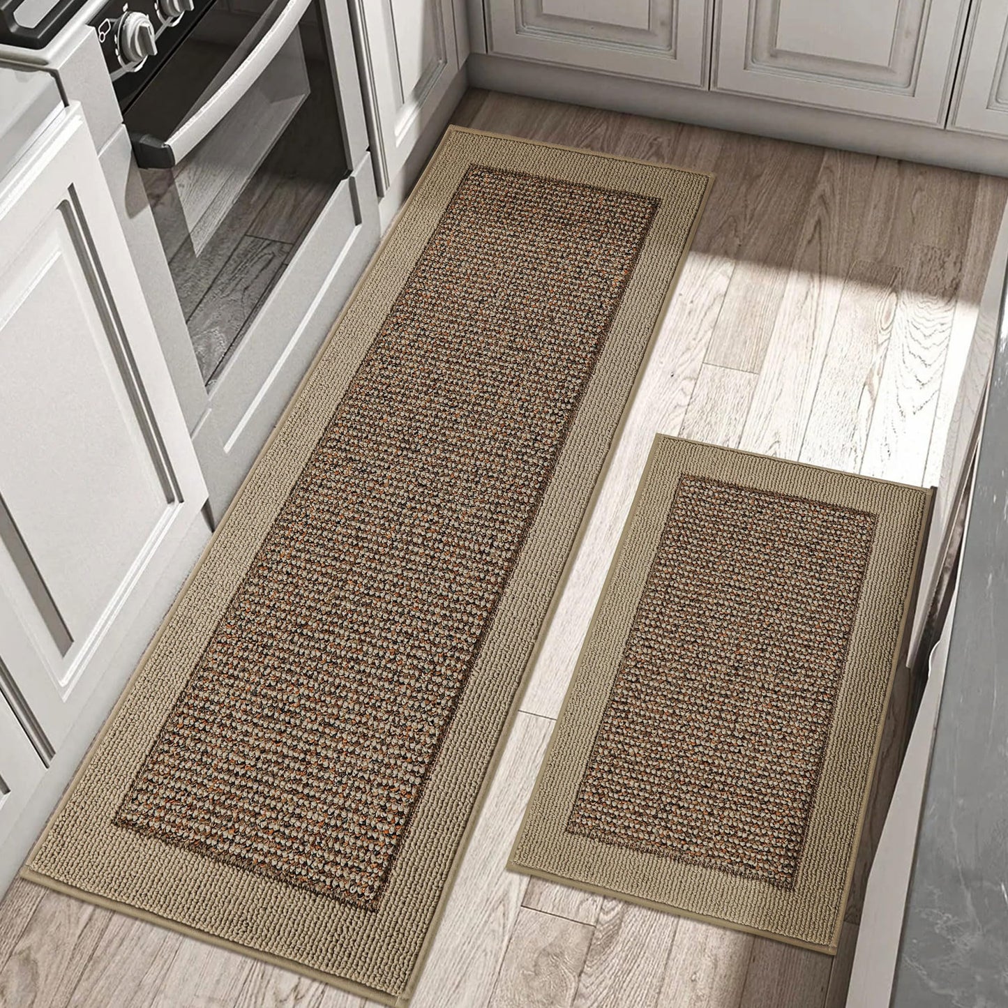 BEQHAUSE Kitchen Rugs and Mats Set of 2 Non-Slip Kitchen Mats for Floor, Absorbent and Stain Resistant Kitchen Runner, Machine Washable Rugs for Kitchen, Laundry & Sink, 20"x32"+20"x48", Taupe
