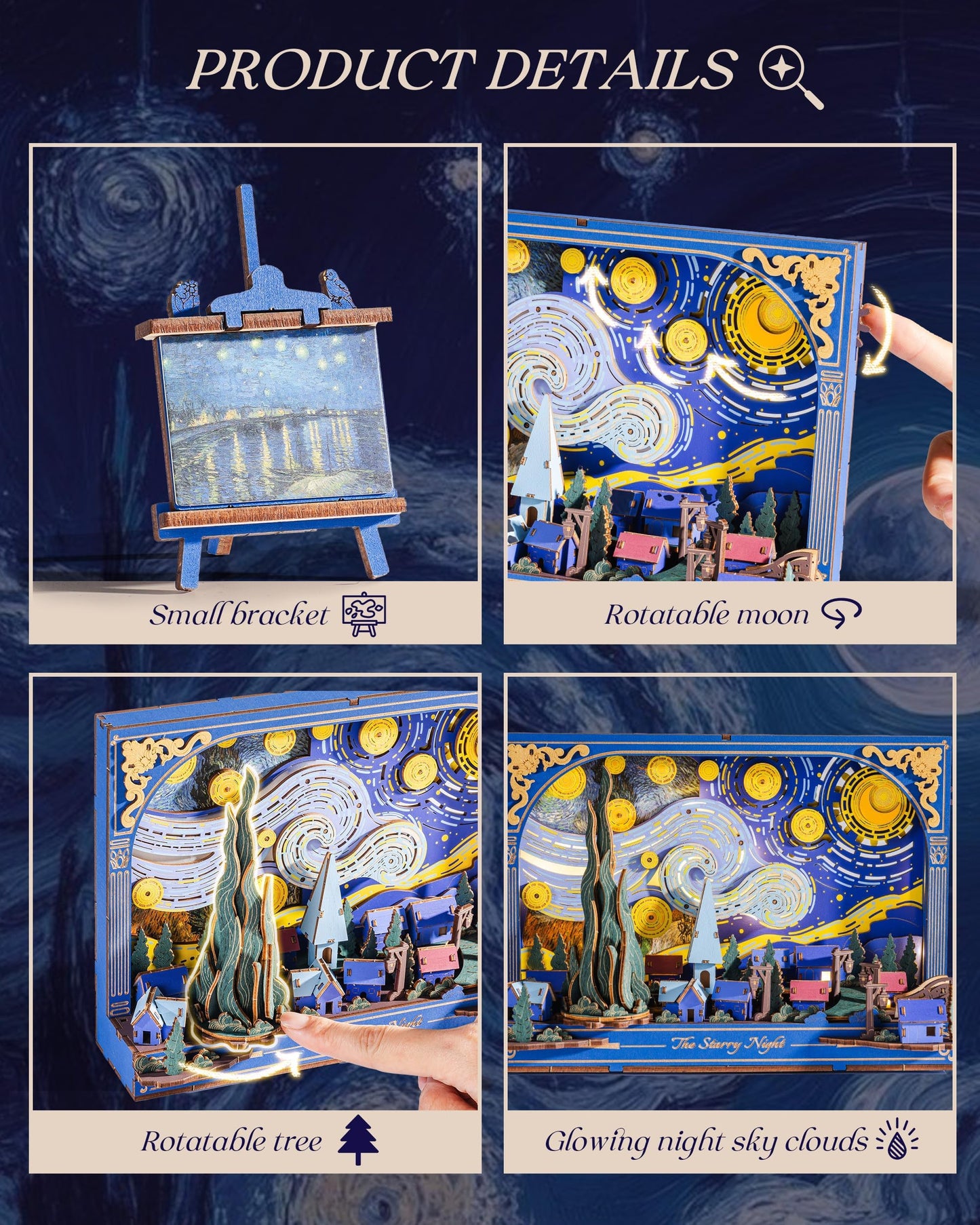 Rowood Starry Night 3D Puzzle Building Set with LED,Wooden Vincent Van Gogh Painting Artwork Craft Kits for Adults,Home Decor Botanical Collection Gift on Christmas