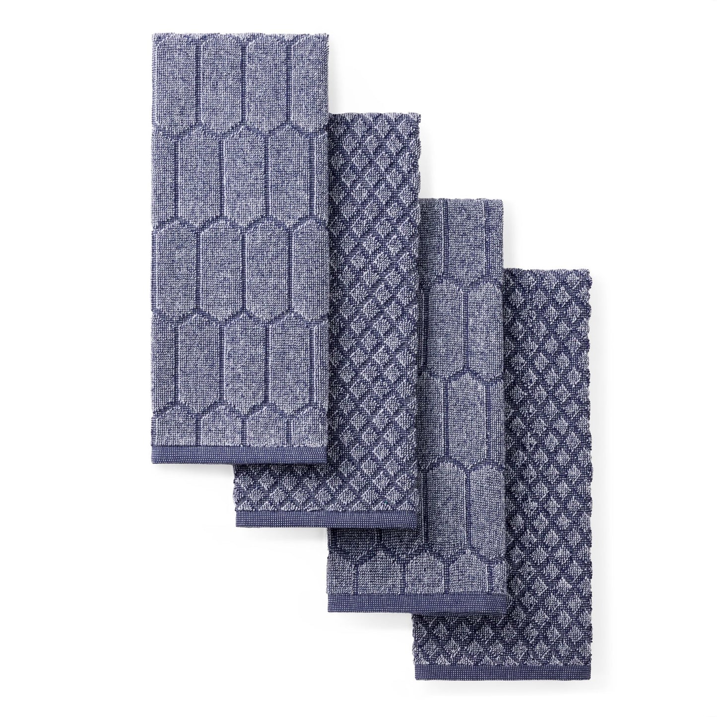 Martha Stewart Honeycomb Chambray Textured Kitchen Towel 4-Pack Set, 100% Cotton with Absorbent Terrycloth, Decorative Kitchen Towels, Navy Blue, 16"x28"