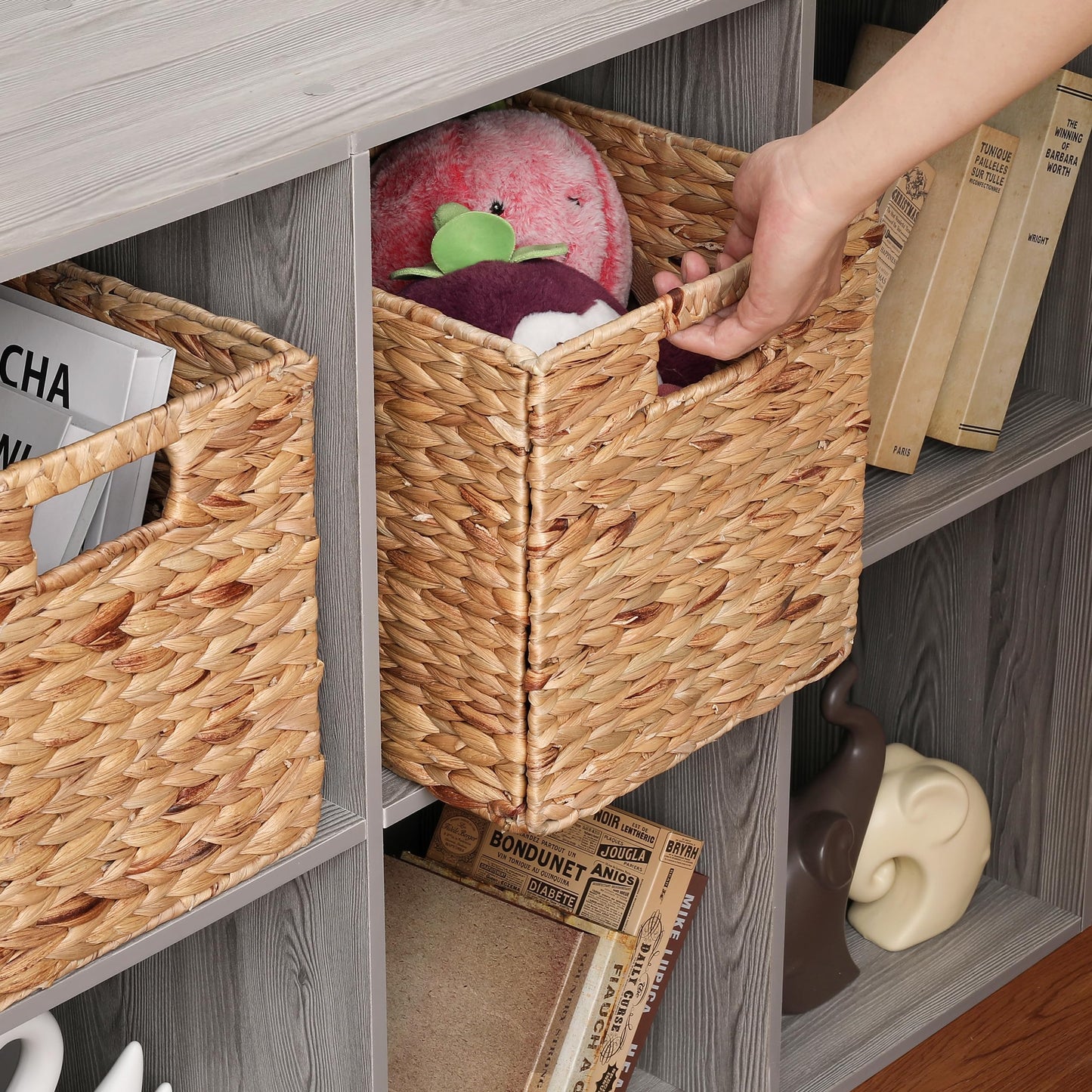 11x11x11in Water Hyacinth Storage Baskets, 11 Inch Cube Storage Bins, Woven Baskets for Storage, Wicker Storage Basket for Shelves Set of 3